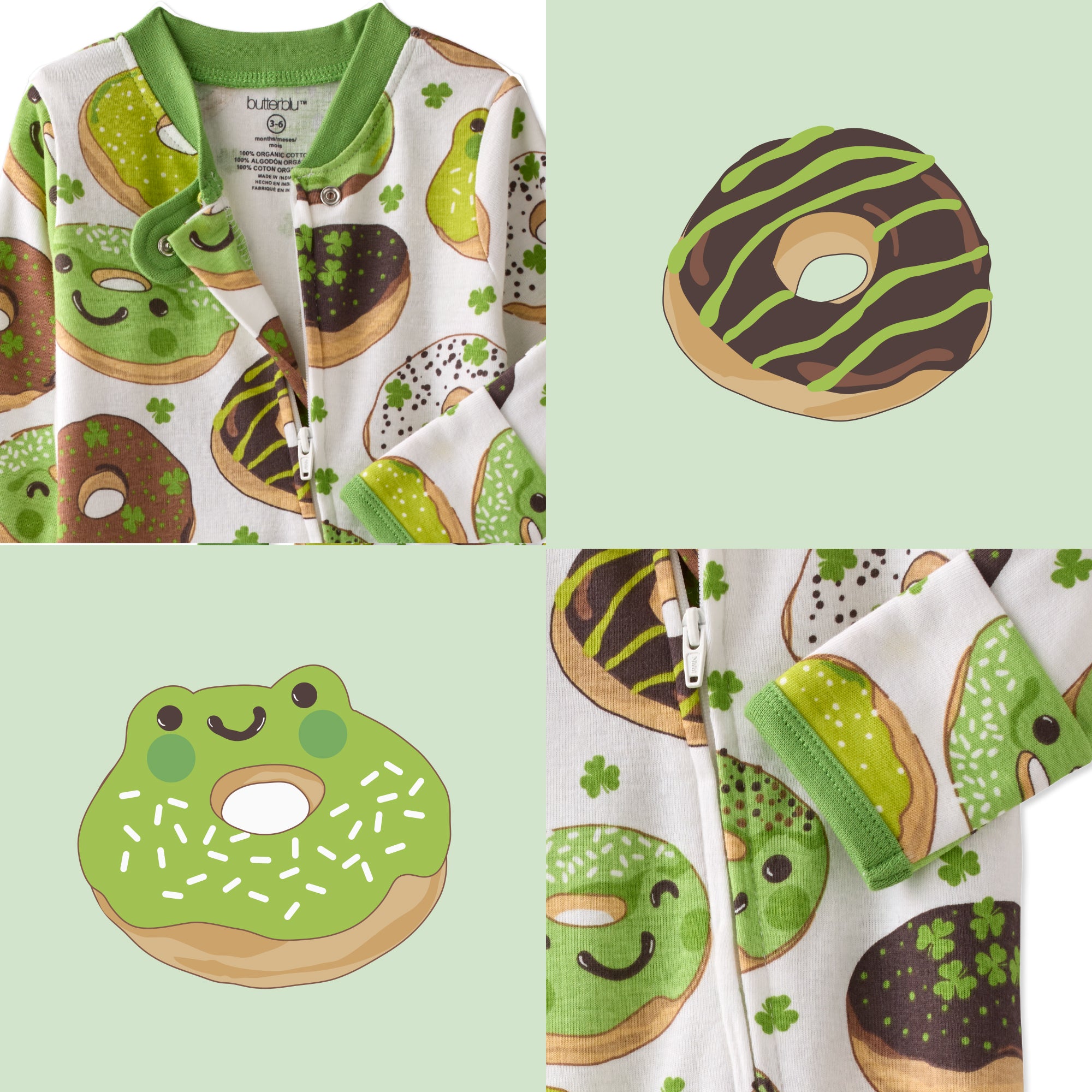 Baby onesie with donut pattern on a light green background