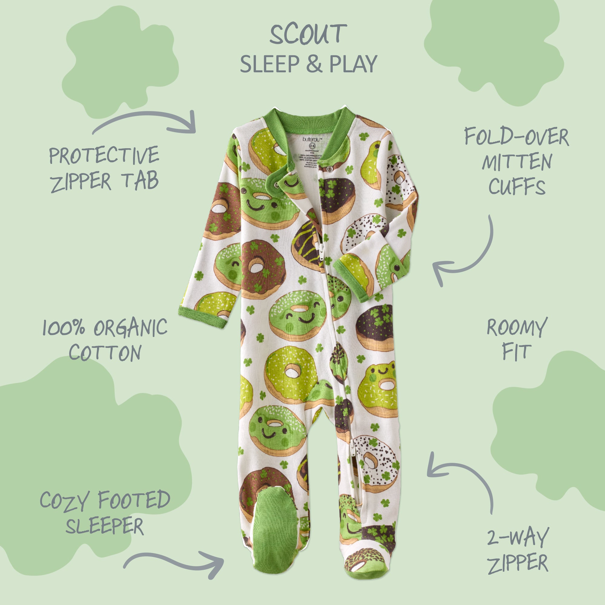 Sleep and play outfit with green and brown designs on a light green background