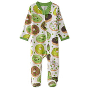 Baby onesie with donut pattern on a white background