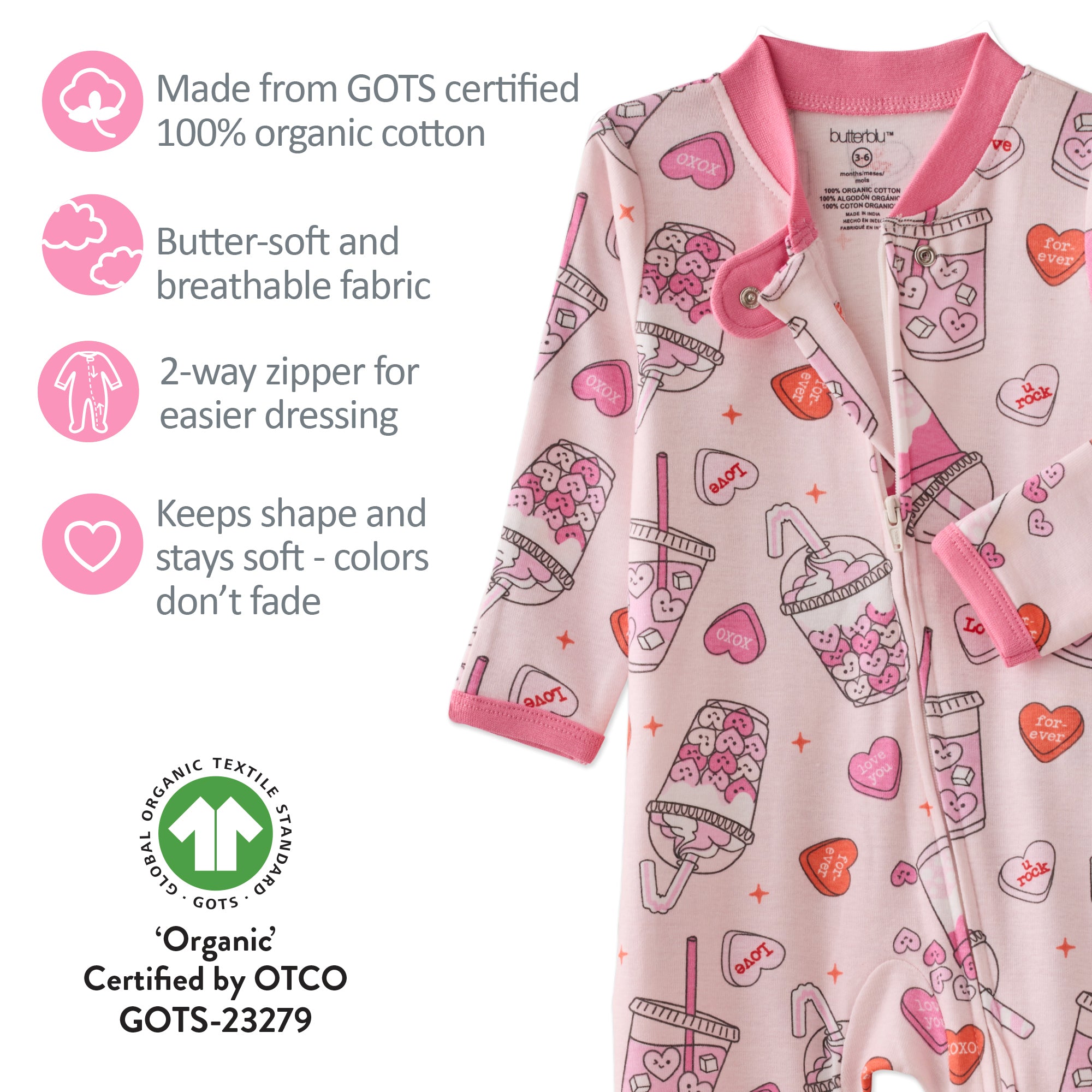 Children's organic cotton onesie with pink accents and cartoon designs, featuring GOTS certification.