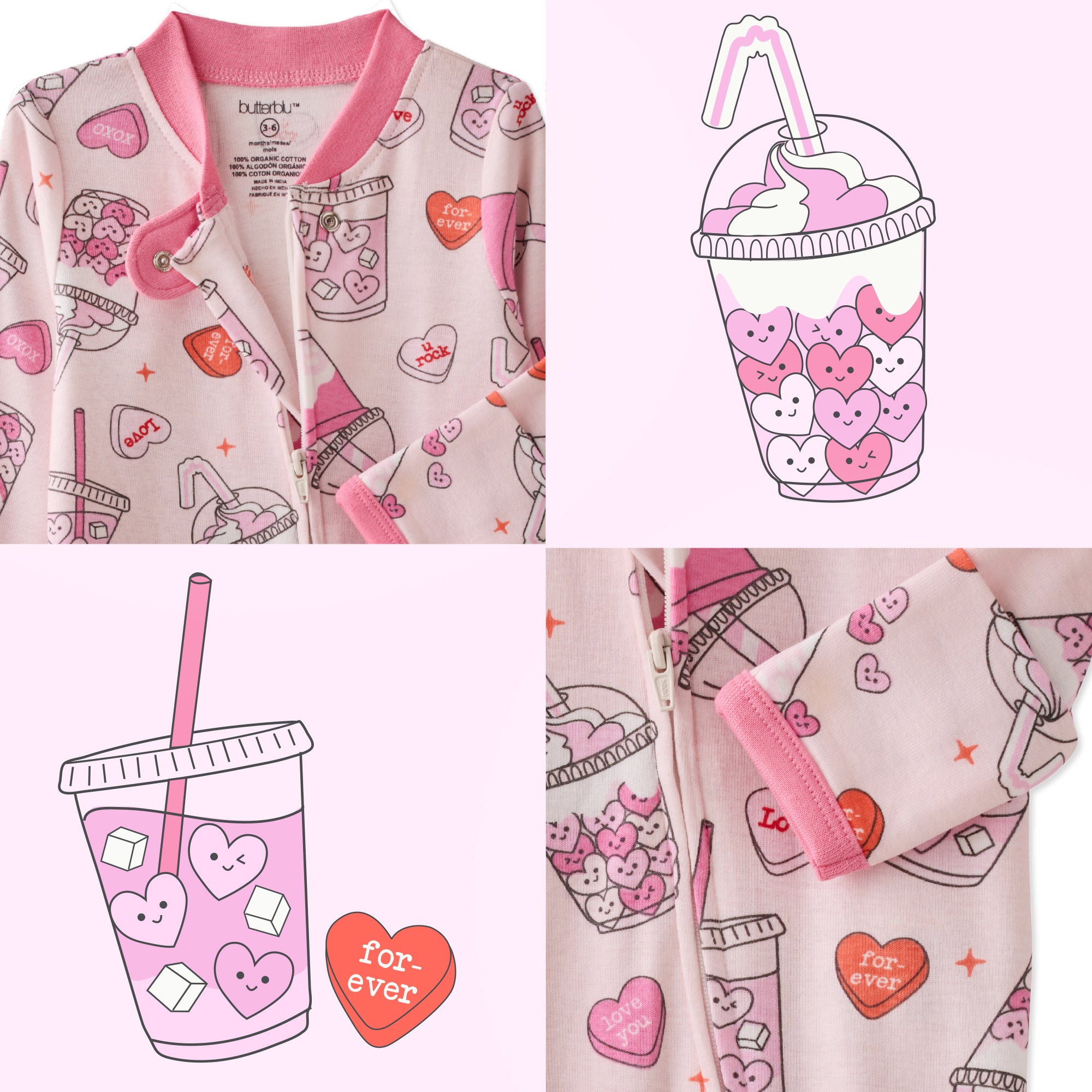 Children's pajama set with heart and drink cup design on a pink background