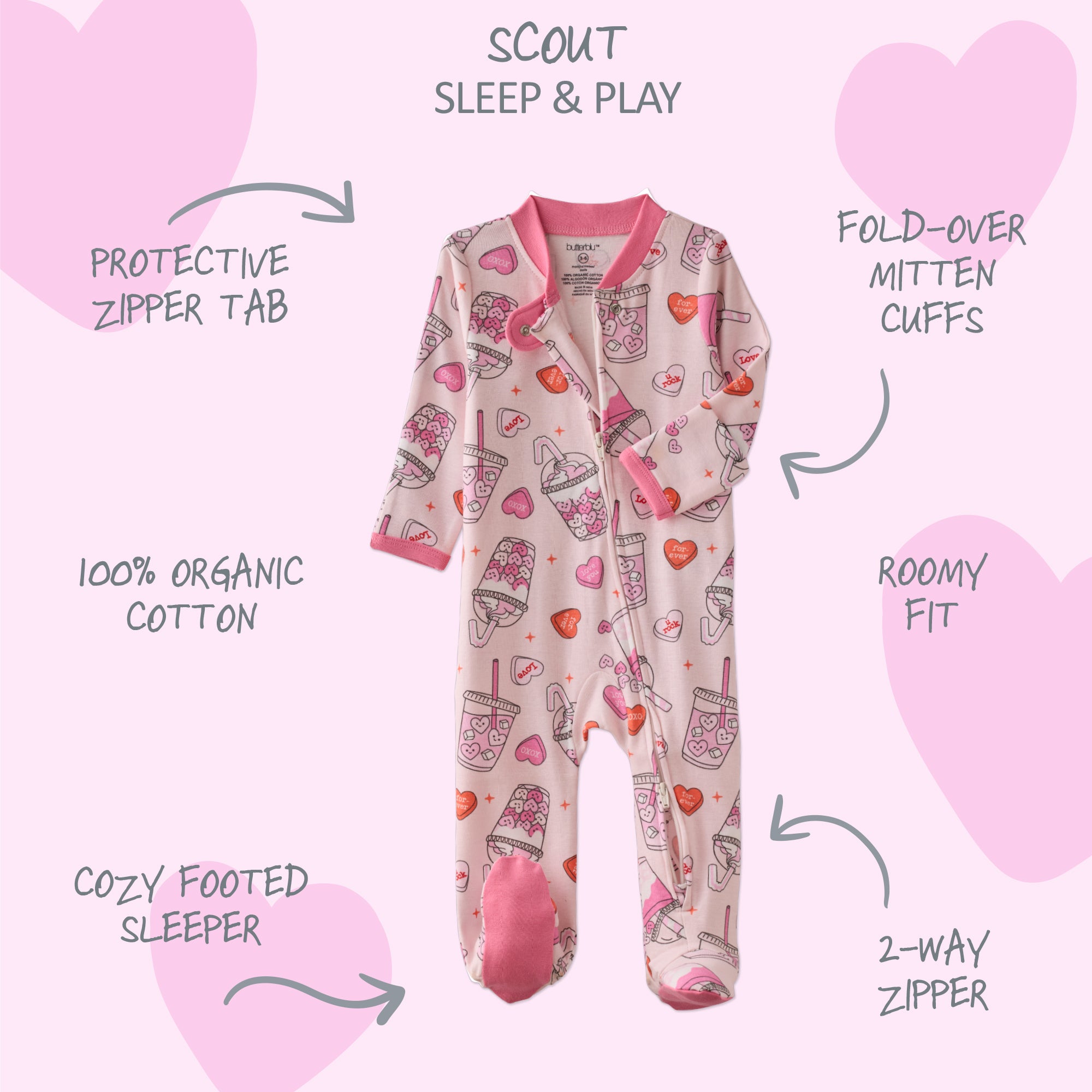 Baby onesie with heart and ice cream pattern on a white background with text describing features.