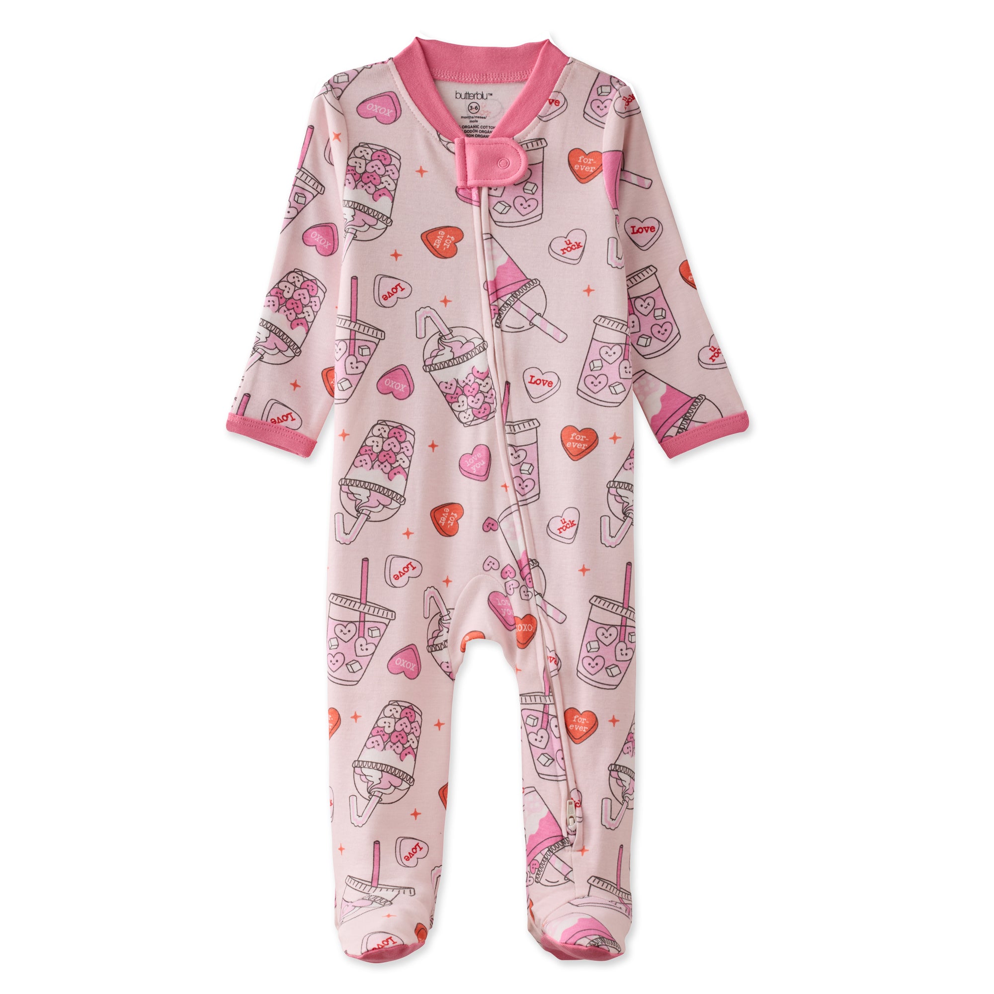 Baby onesie with ice cream and heart pattern on a white background