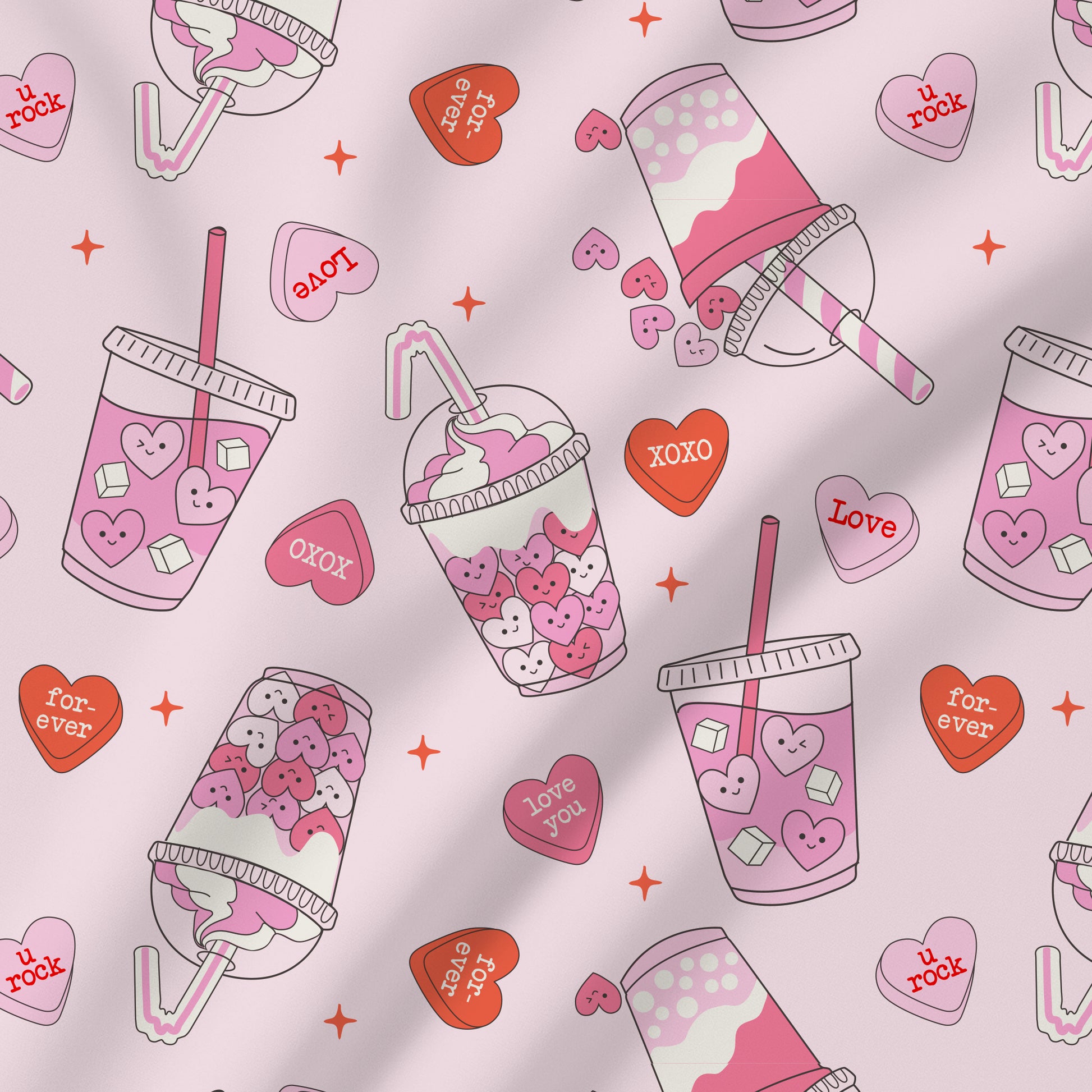 Pattern of pink drinks with hearts and Valentine's Day text on a light pink background