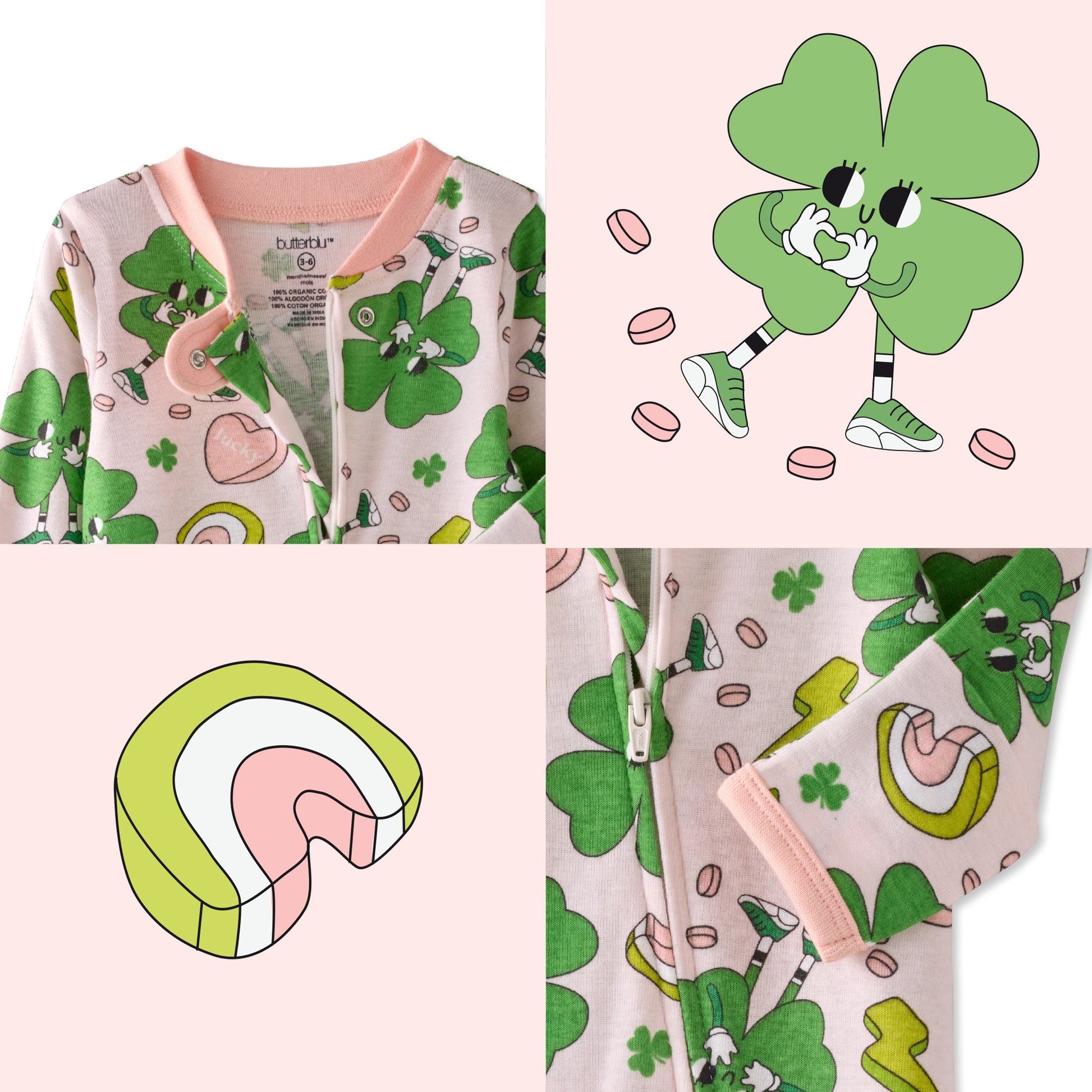 Children's outfit with shamrock pattern and cartoon character on a pink background