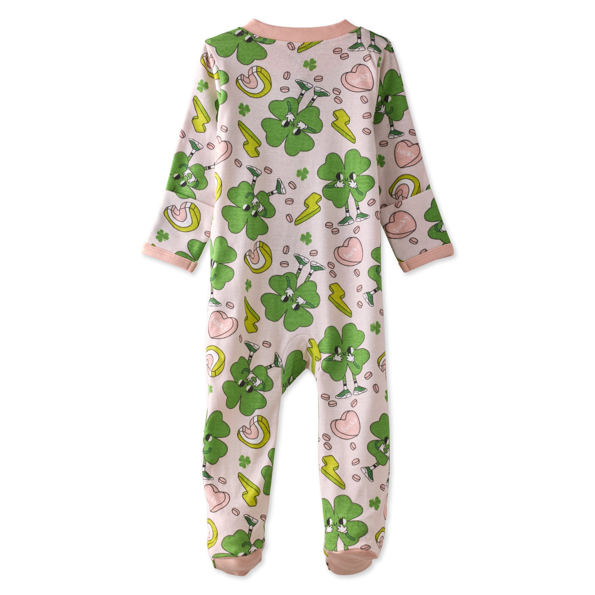 Baby onesie with green shamrock pattern on a white background