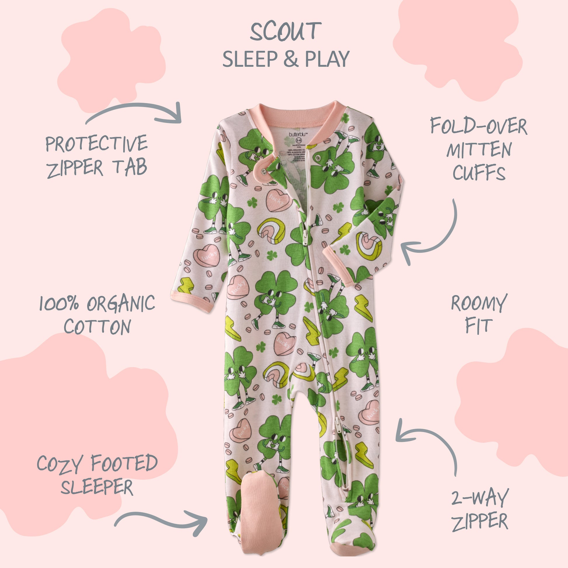 Children's onesie with shamrock pattern and text highlighting features on a pink background