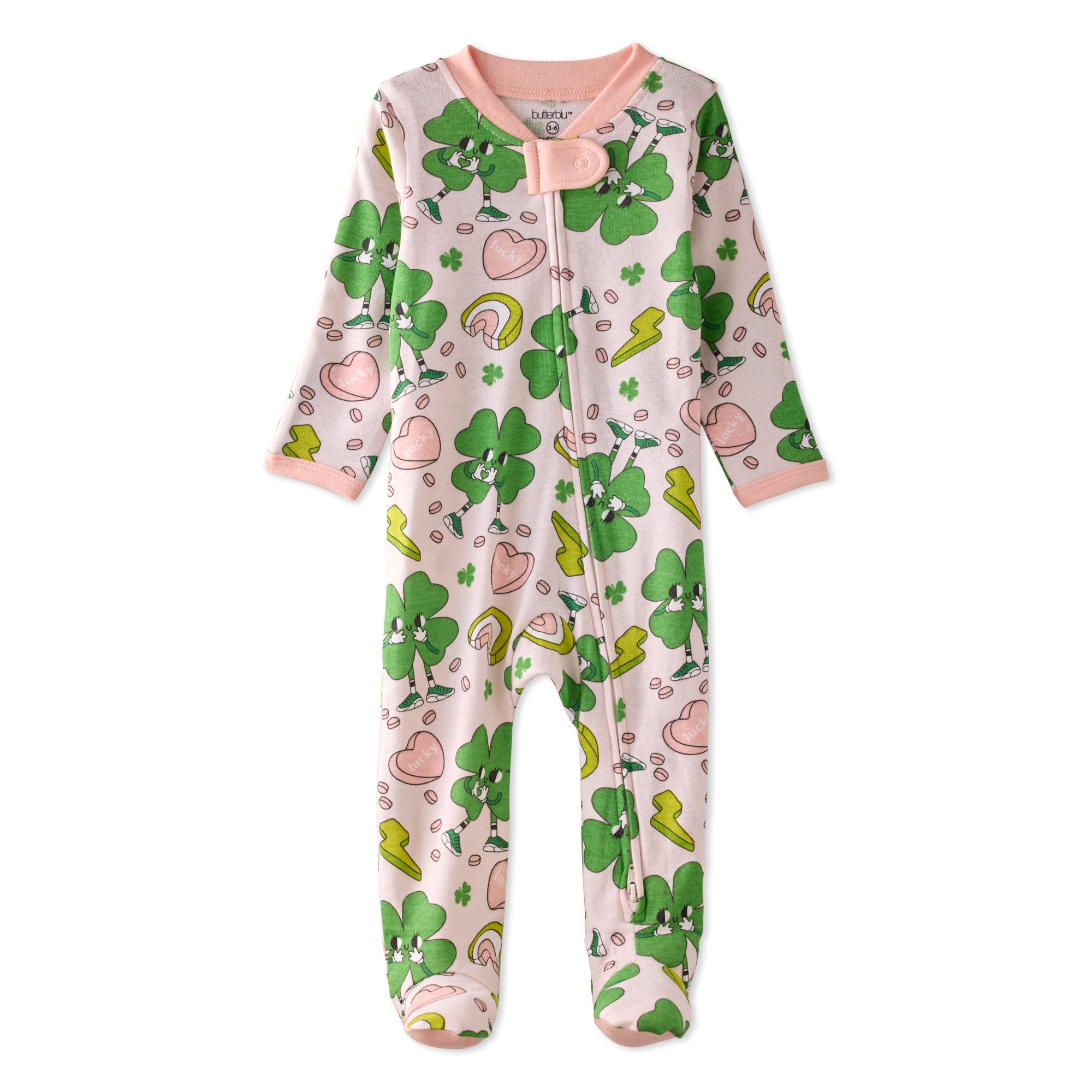 Baby onesie with shamrock and rainbow pattern on a white background