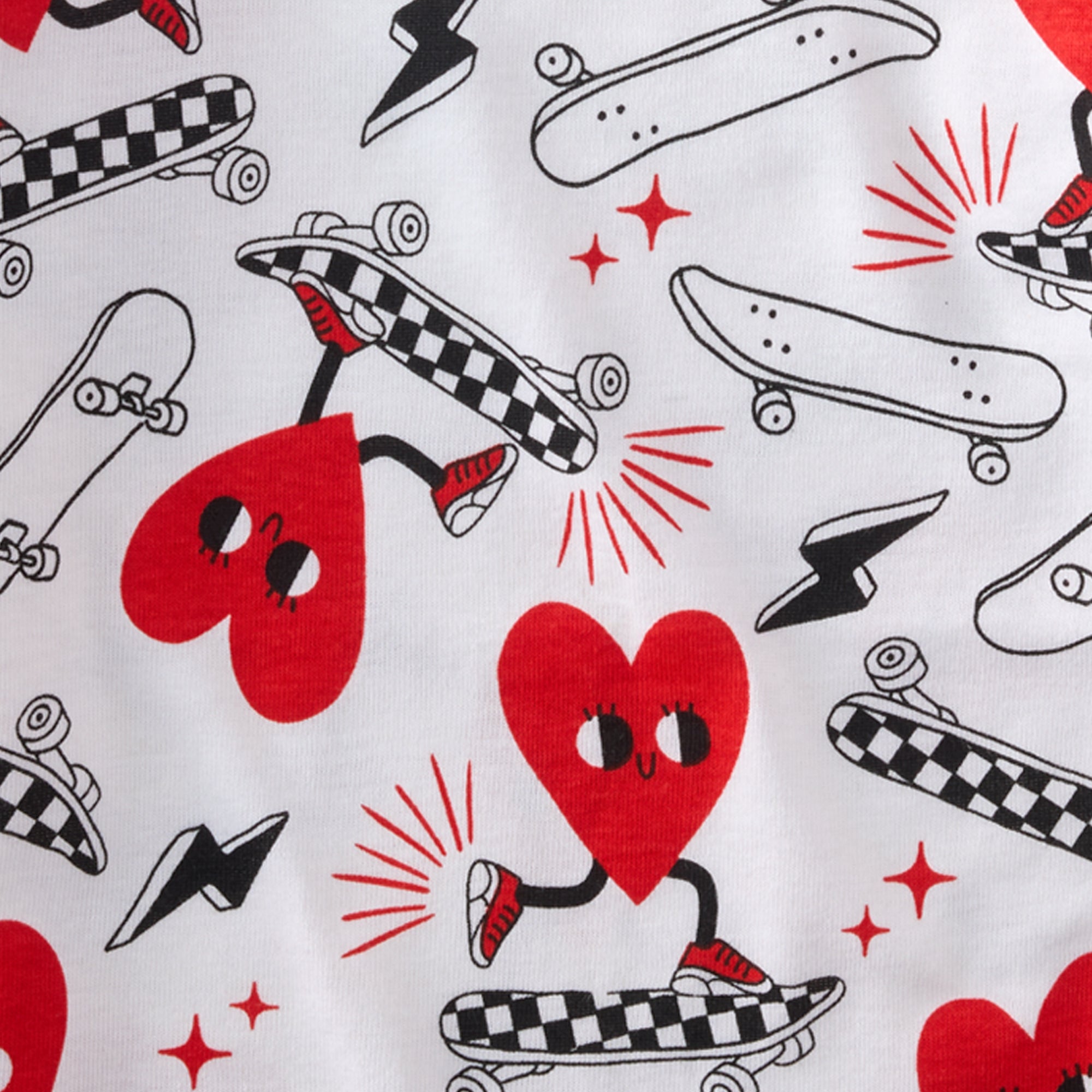 Pattern of red hearts with black eyes, skateboards, and checkered shoes on a white background.