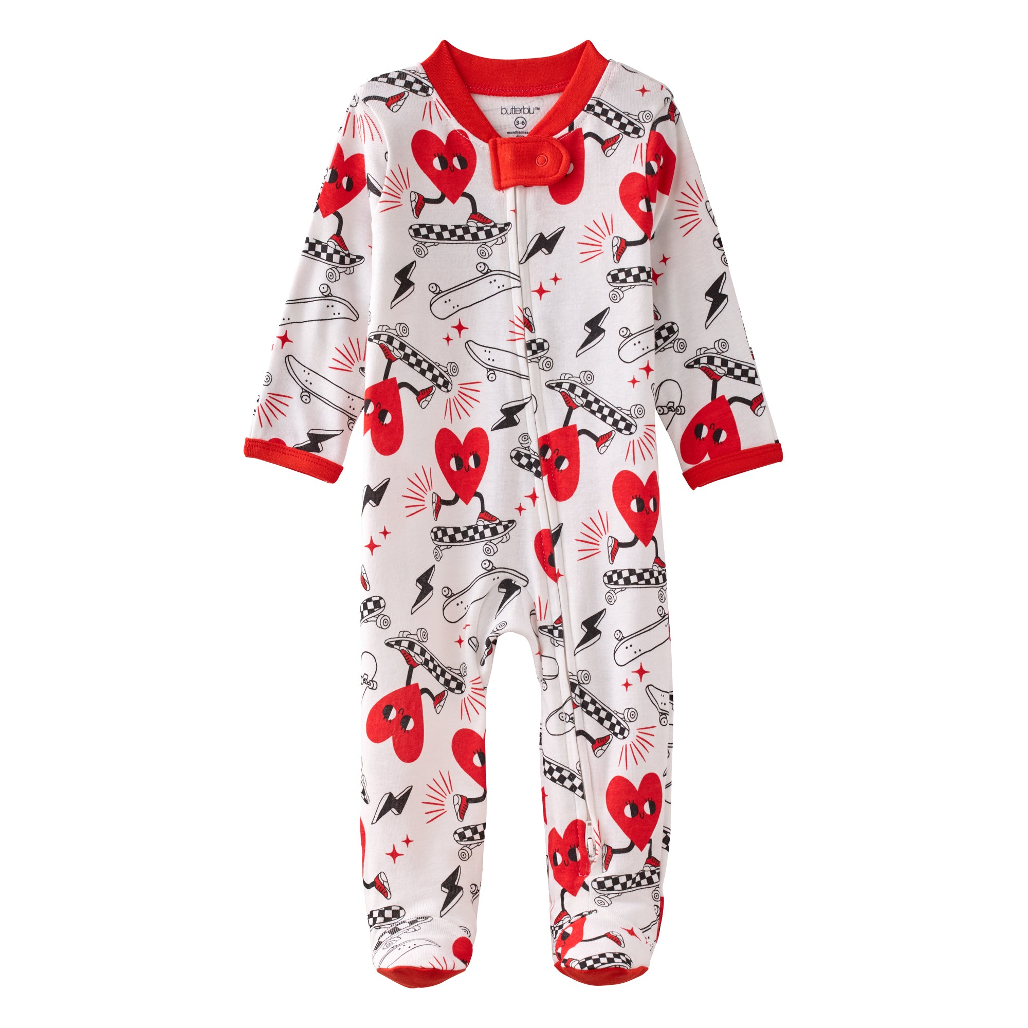 Baby onesie with red and black patterns on a white background
