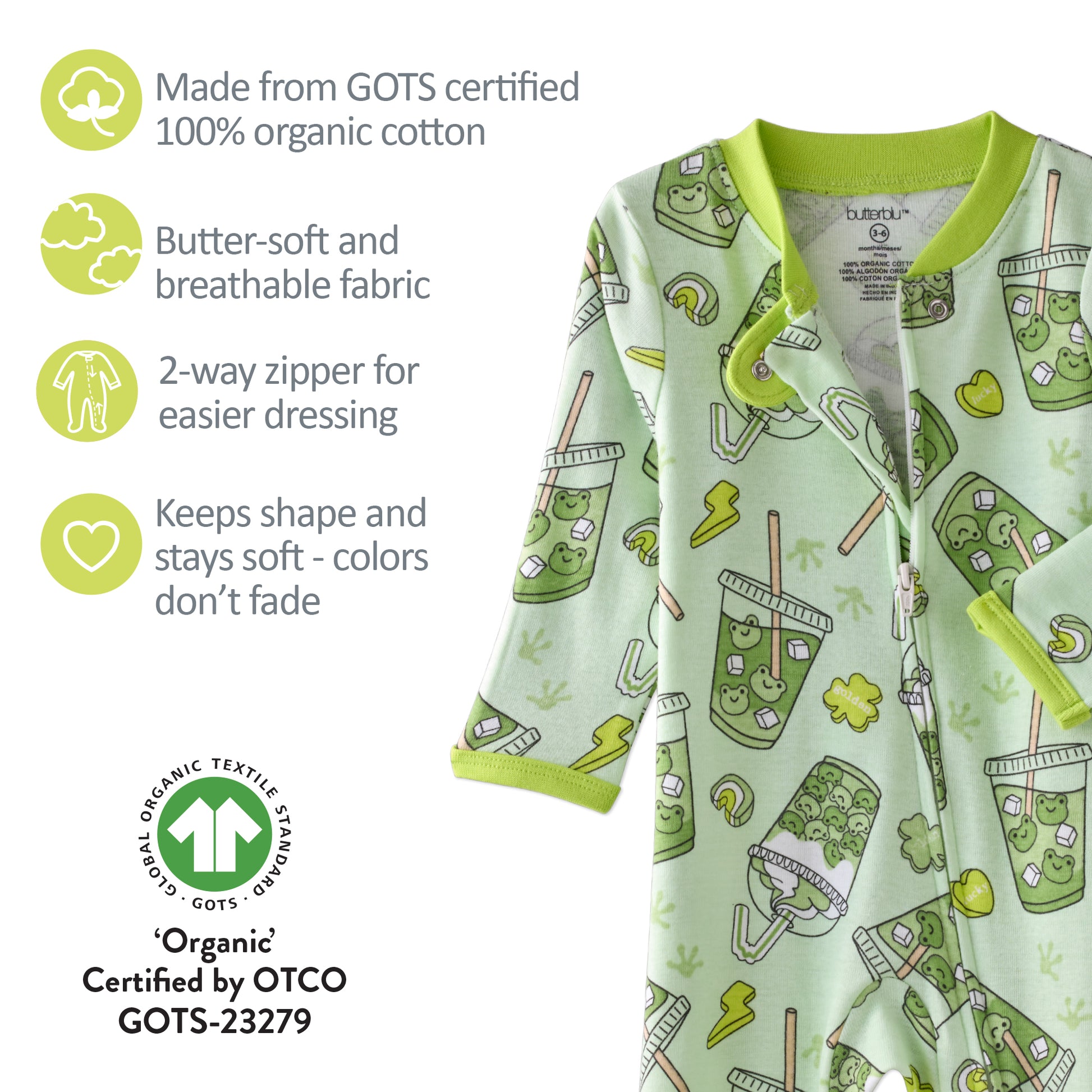 Green children's robe with shamrock pattern and organic certification details