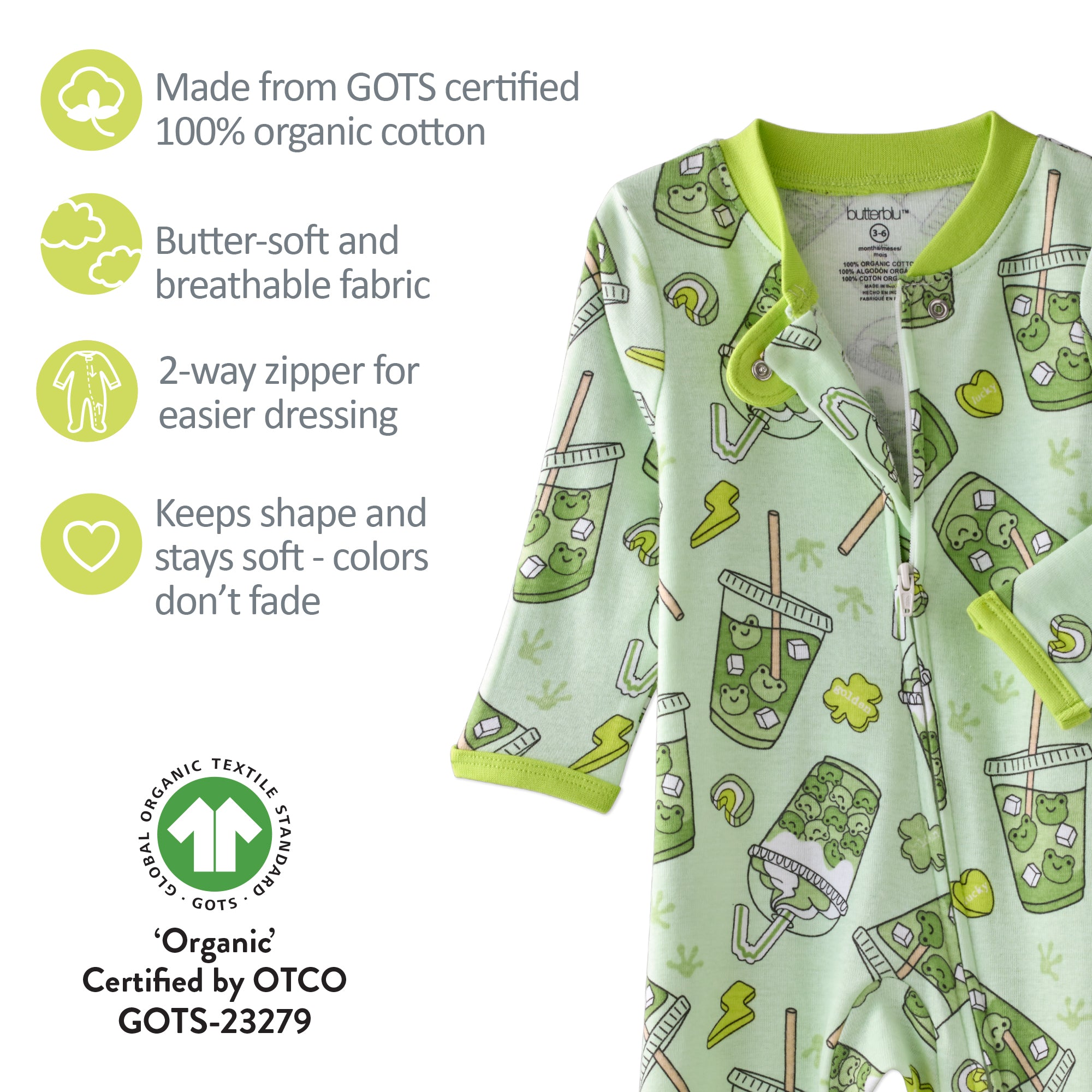 Green children's robe with shamrock pattern and organic certification details