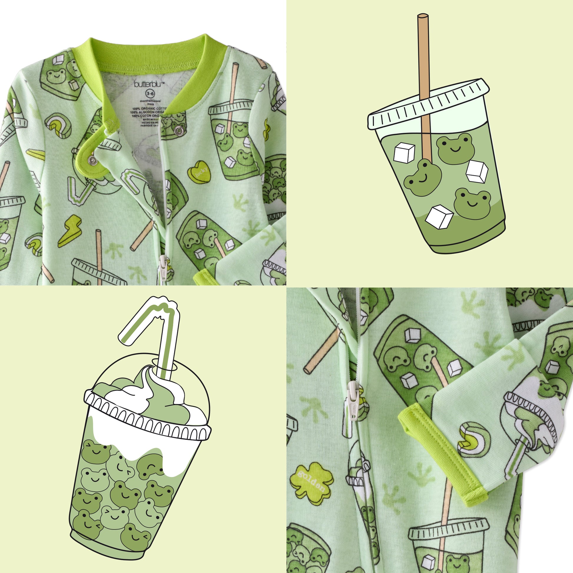 Children's pajama set with shamrock-themed design on a light green background
