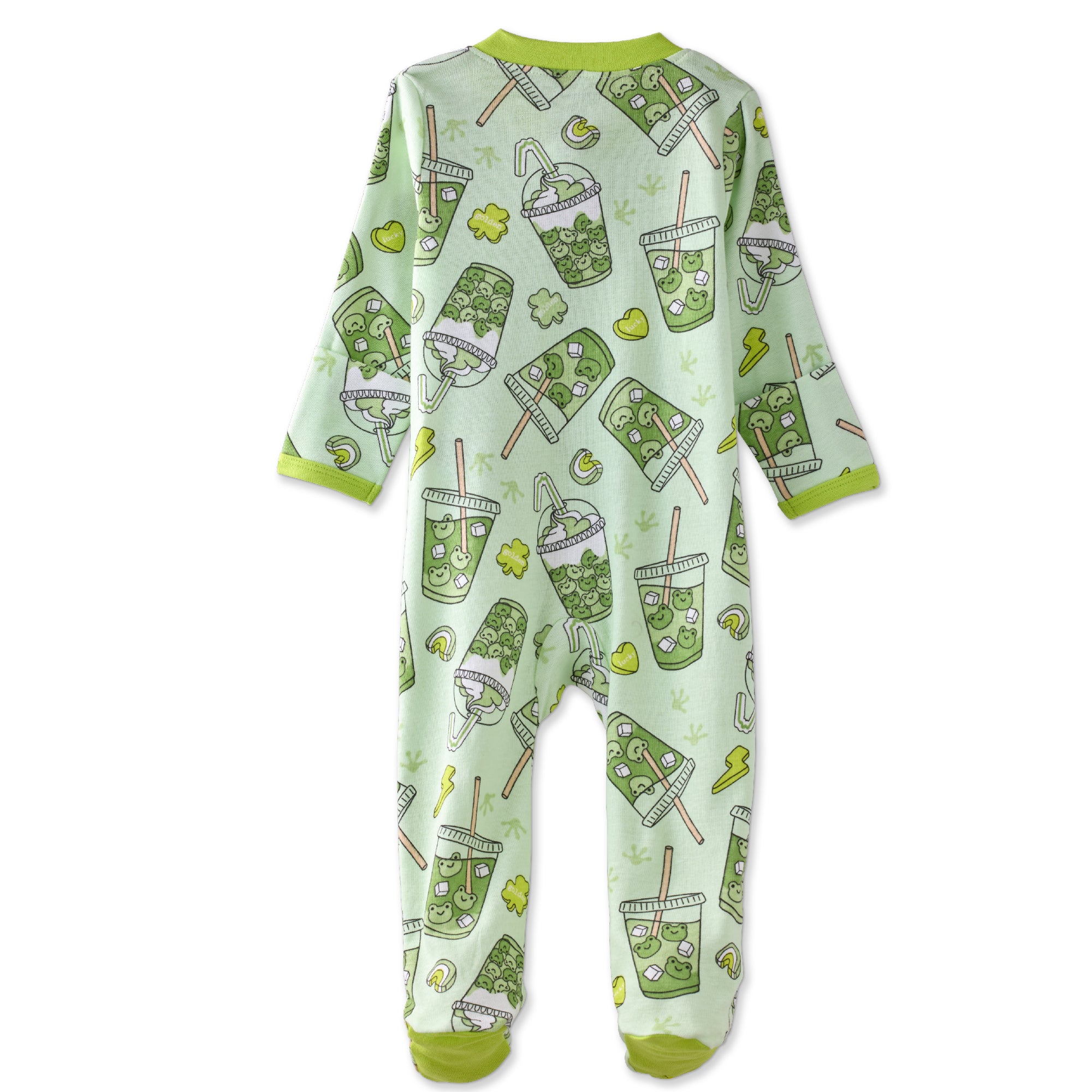 Children's onesie with green and white pattern on a white background