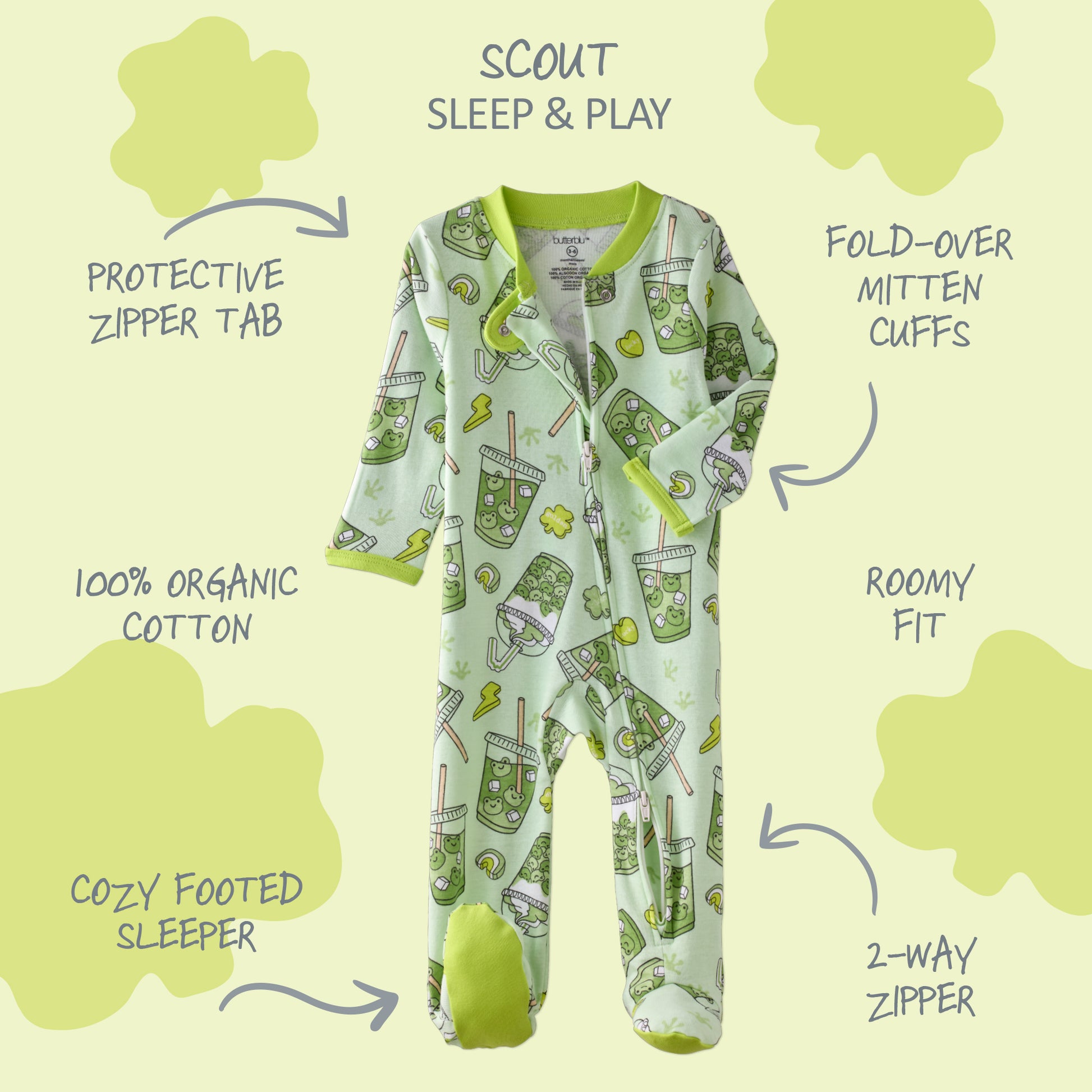 Green baby onesie with shamrock pattern on a yellow background with text describing features.