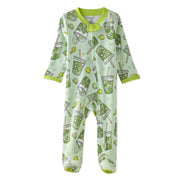 Green baby onesie with shamrock pattern on a white background