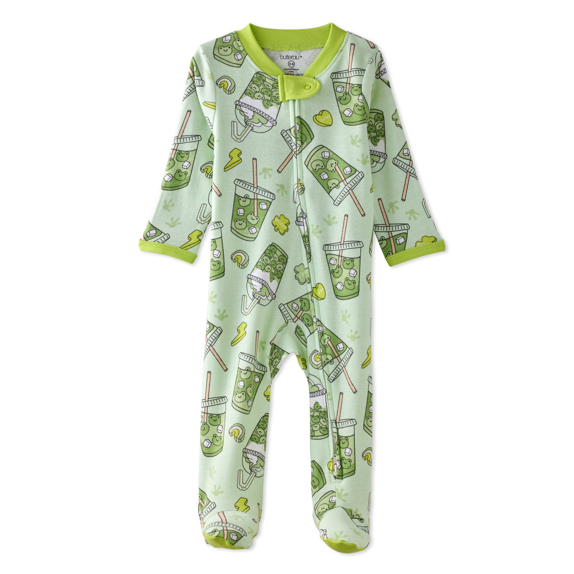 Green baby onesie with shamrock pattern on a white background