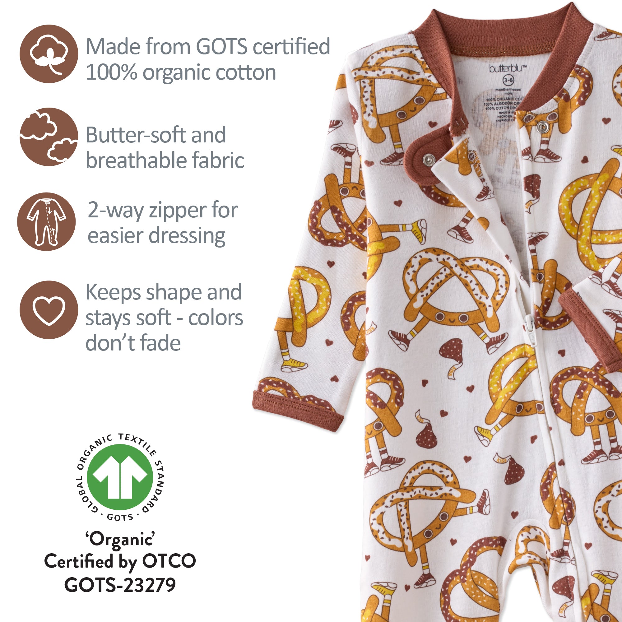 Baby romper with pretzel pattern and GOTS certification details on a white background