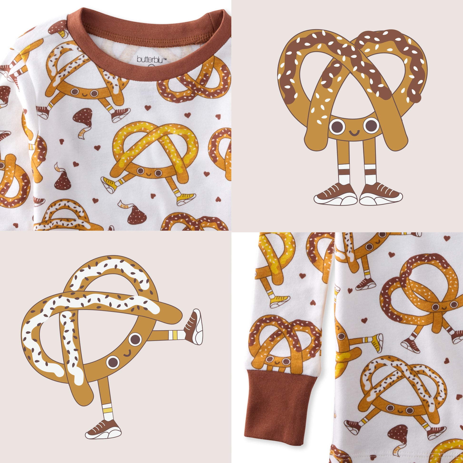 Children's pajama set with pretzel design on a white background