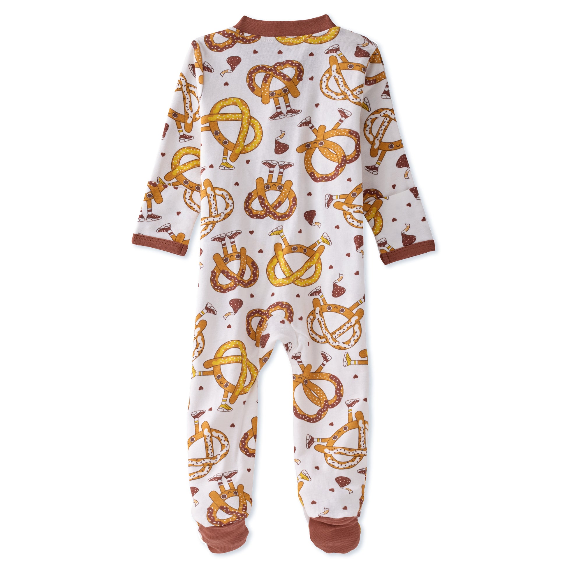 Children's onesie with pretzel pattern on a white background