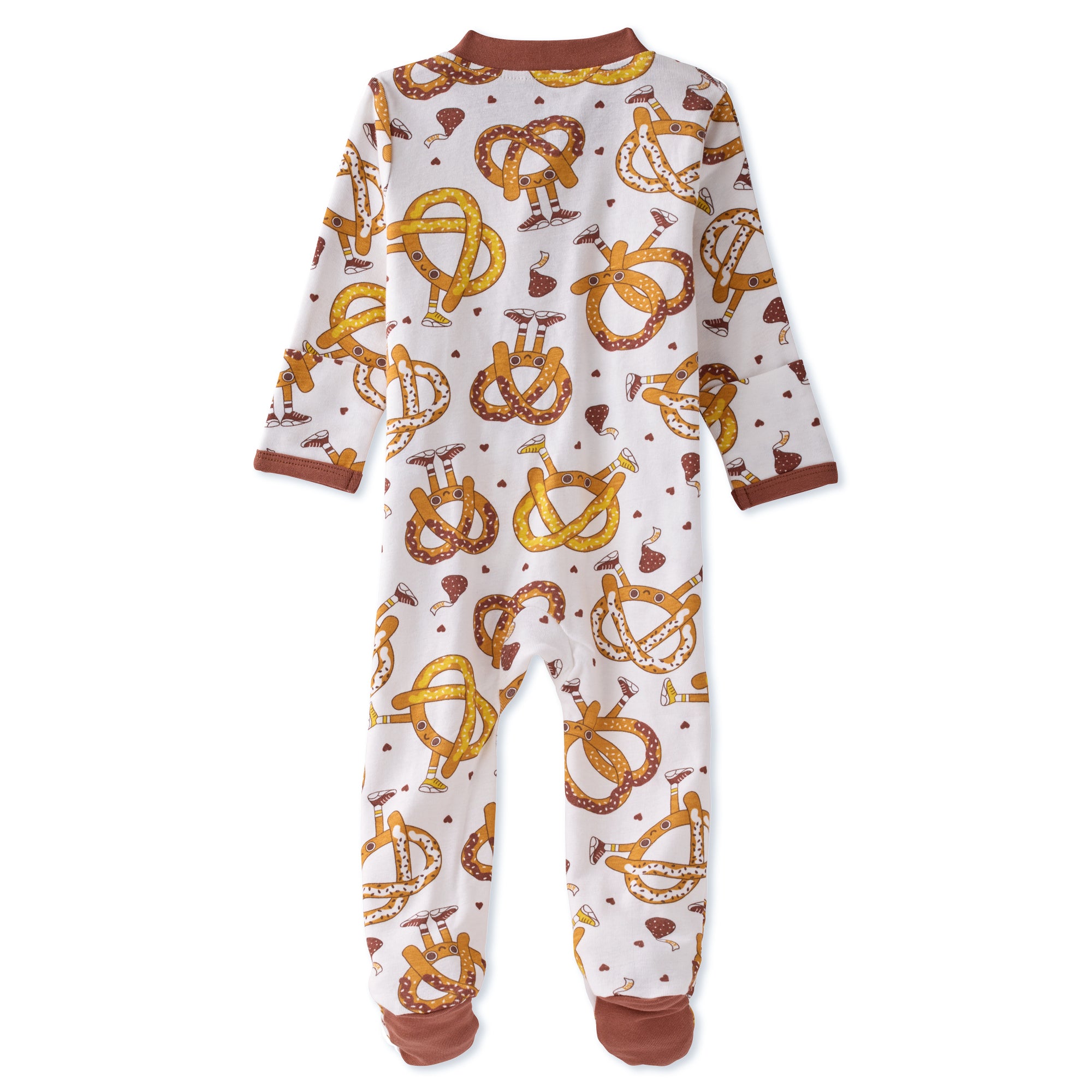 Children's onesie with pretzel pattern on a white background