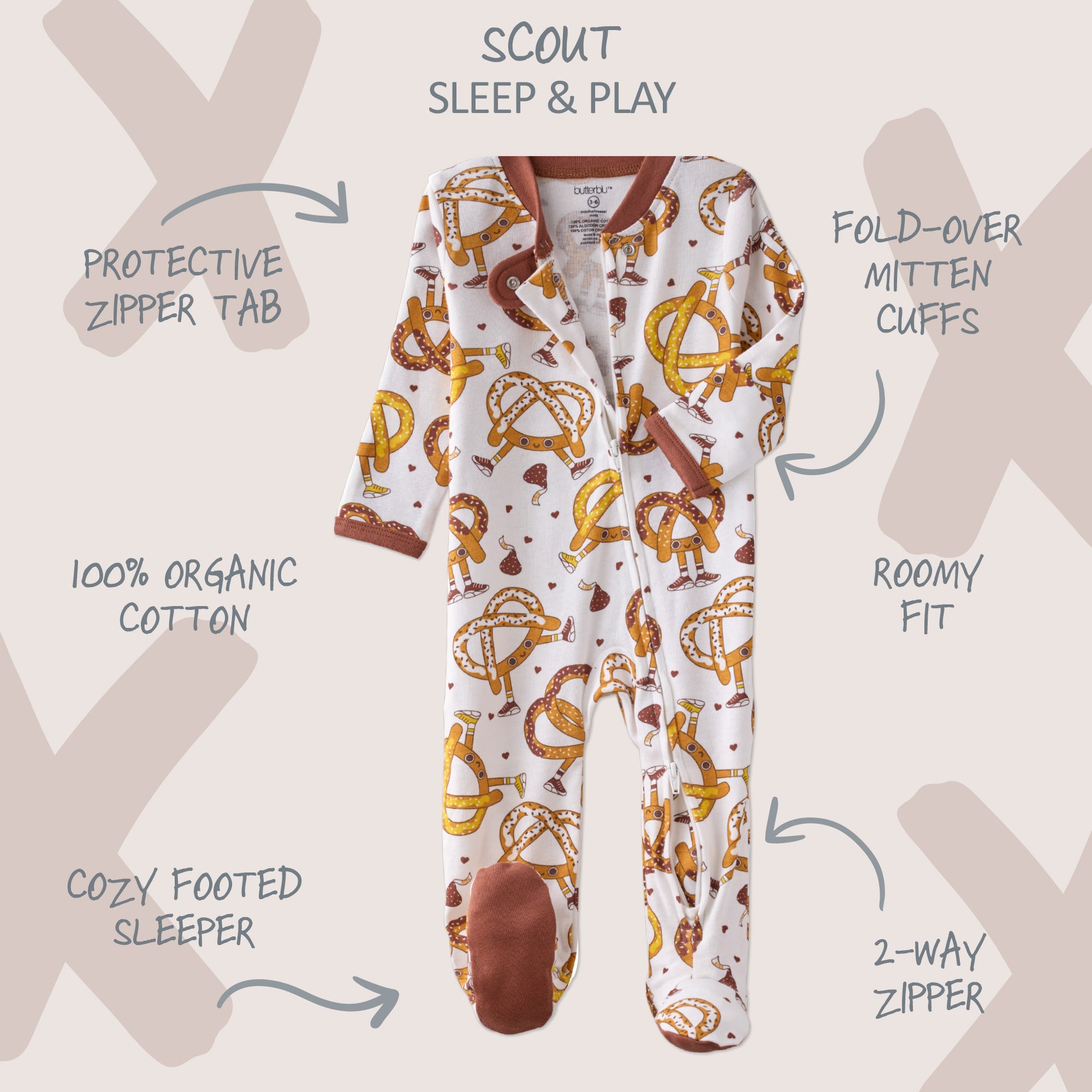 Baby onesie with pretzel pattern on a light gray background with text describing features.