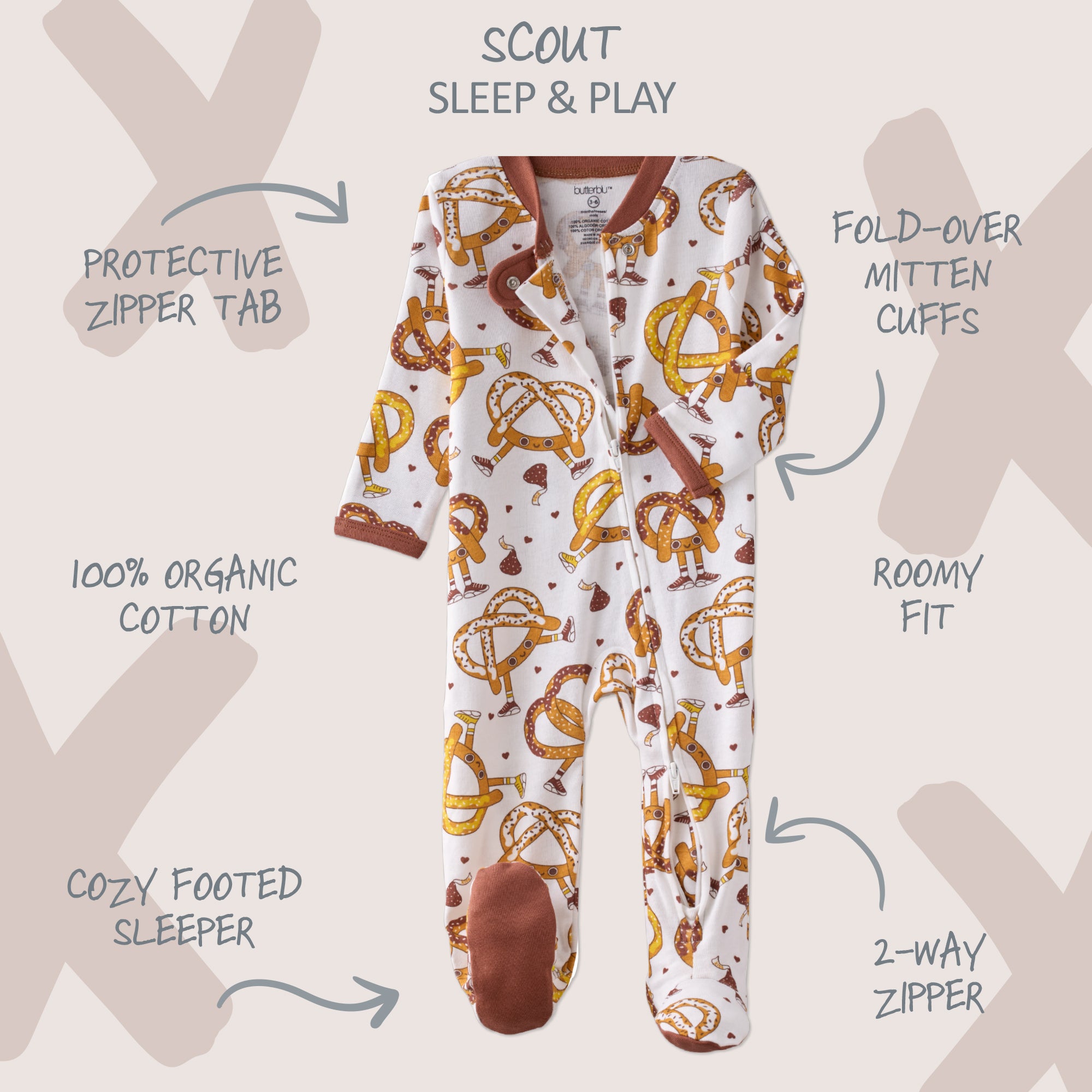 Baby onesie with pretzel pattern on a light gray background with text describing features.