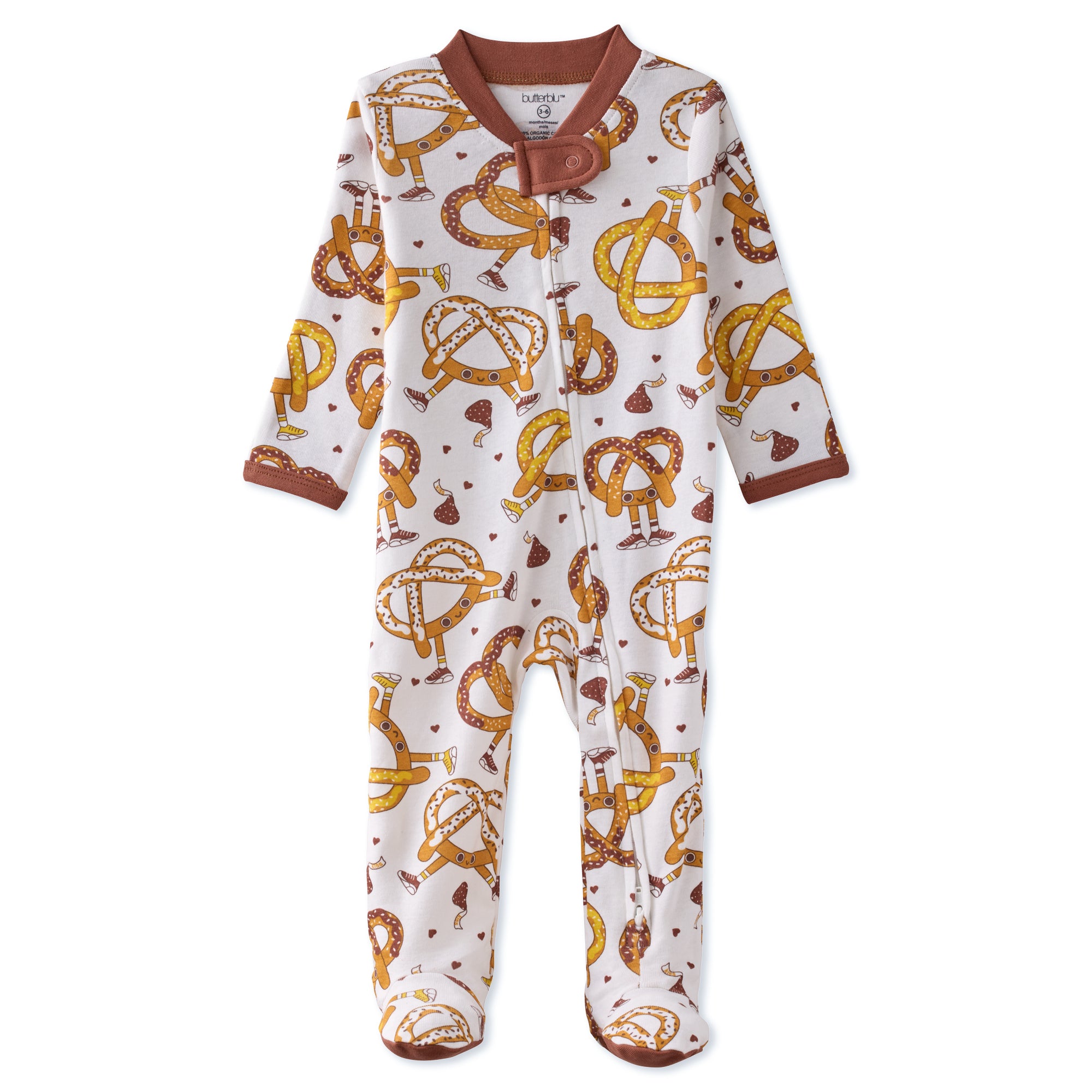 Baby onesie with pretzel pattern on a white background