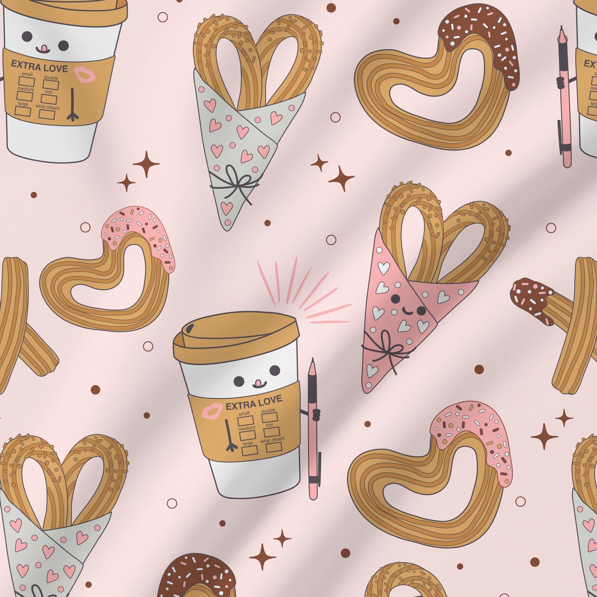 Pattern of coffee cups, heart-shaped pastries, and cones on a light pink background.