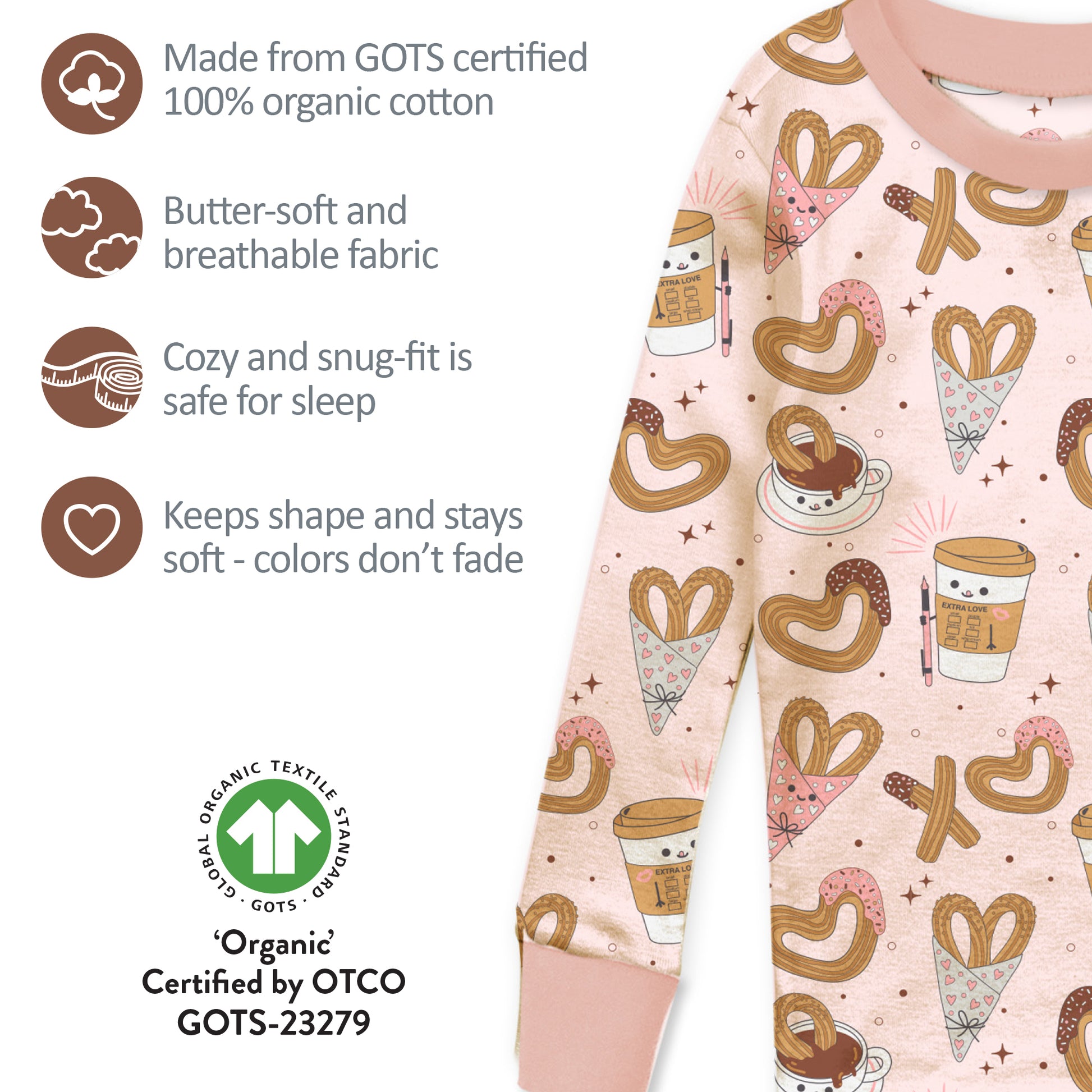 Children's pajamas with a pattern of cookies and cups, featuring organic cotton certification details.