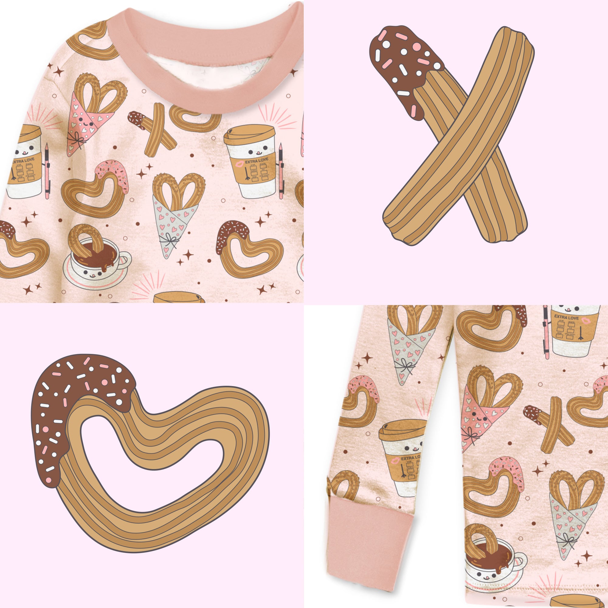 Children's pajama set with heart-shaped cookies and coffee cup pattern on a pink background.
