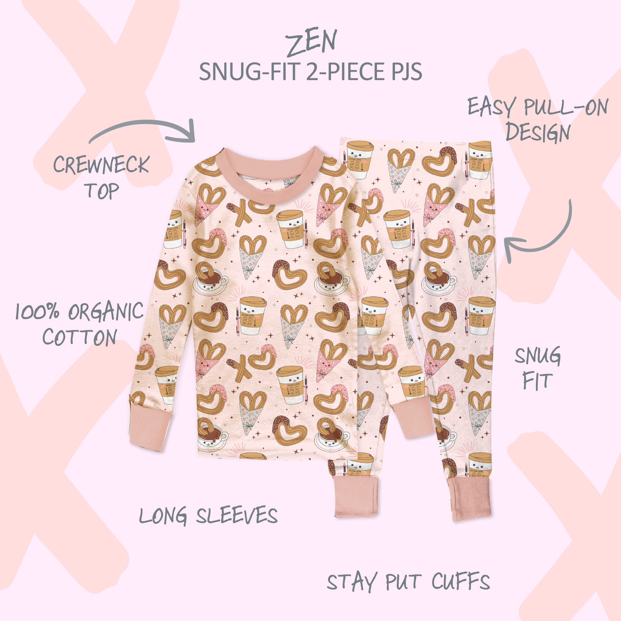 Children's pajama set with patterned design on a plain background