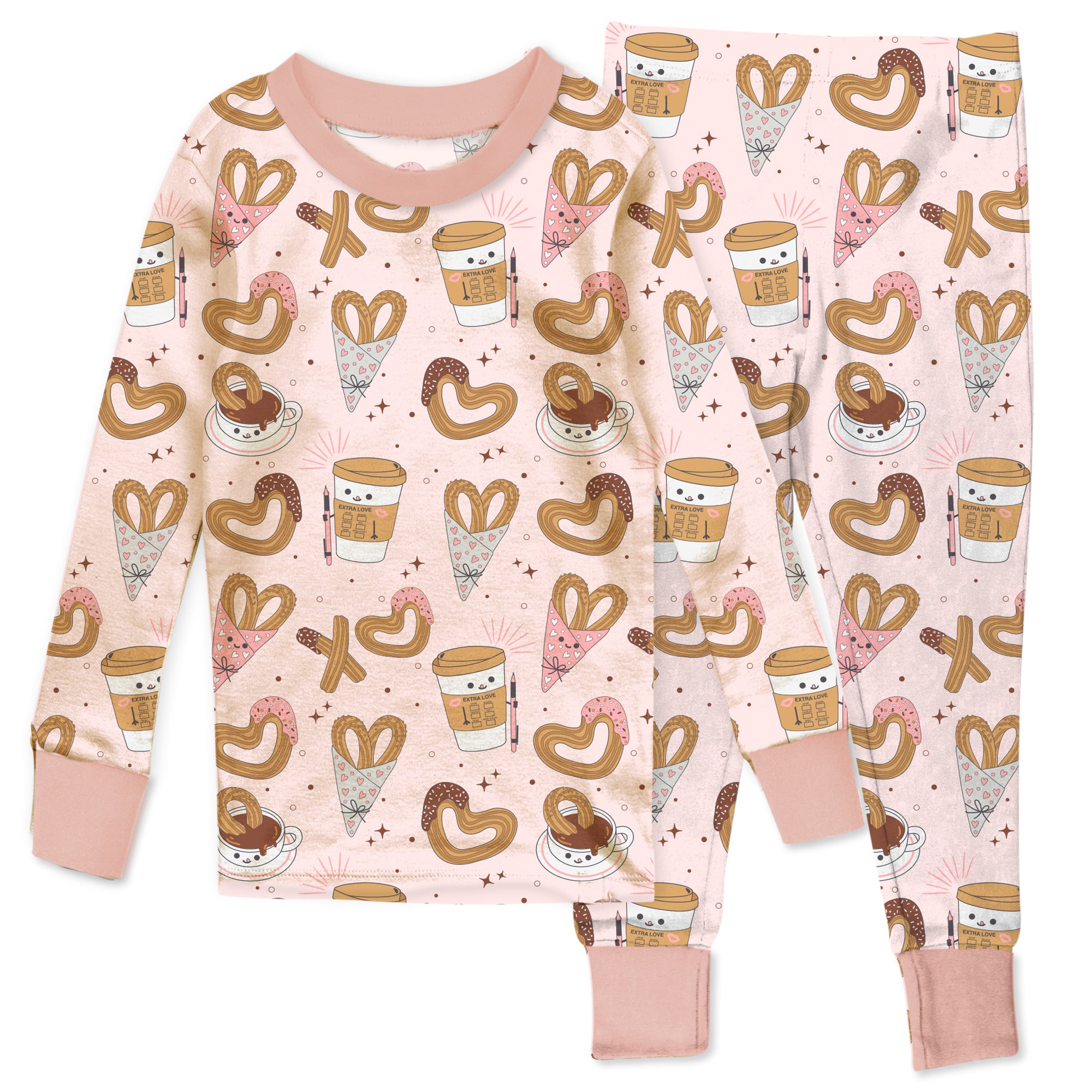 Children's pajama set with ice cream cone and coffee cup pattern on a pink background