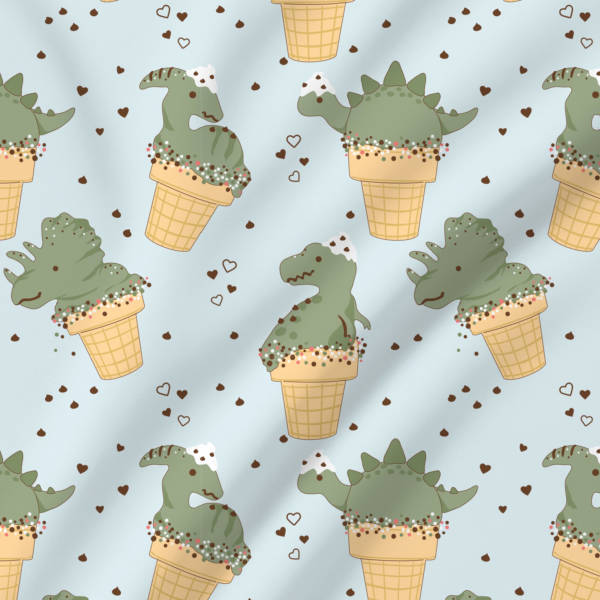 Pattern of green dinosaurs in ice cream cones on a light blue background with small hearts.
