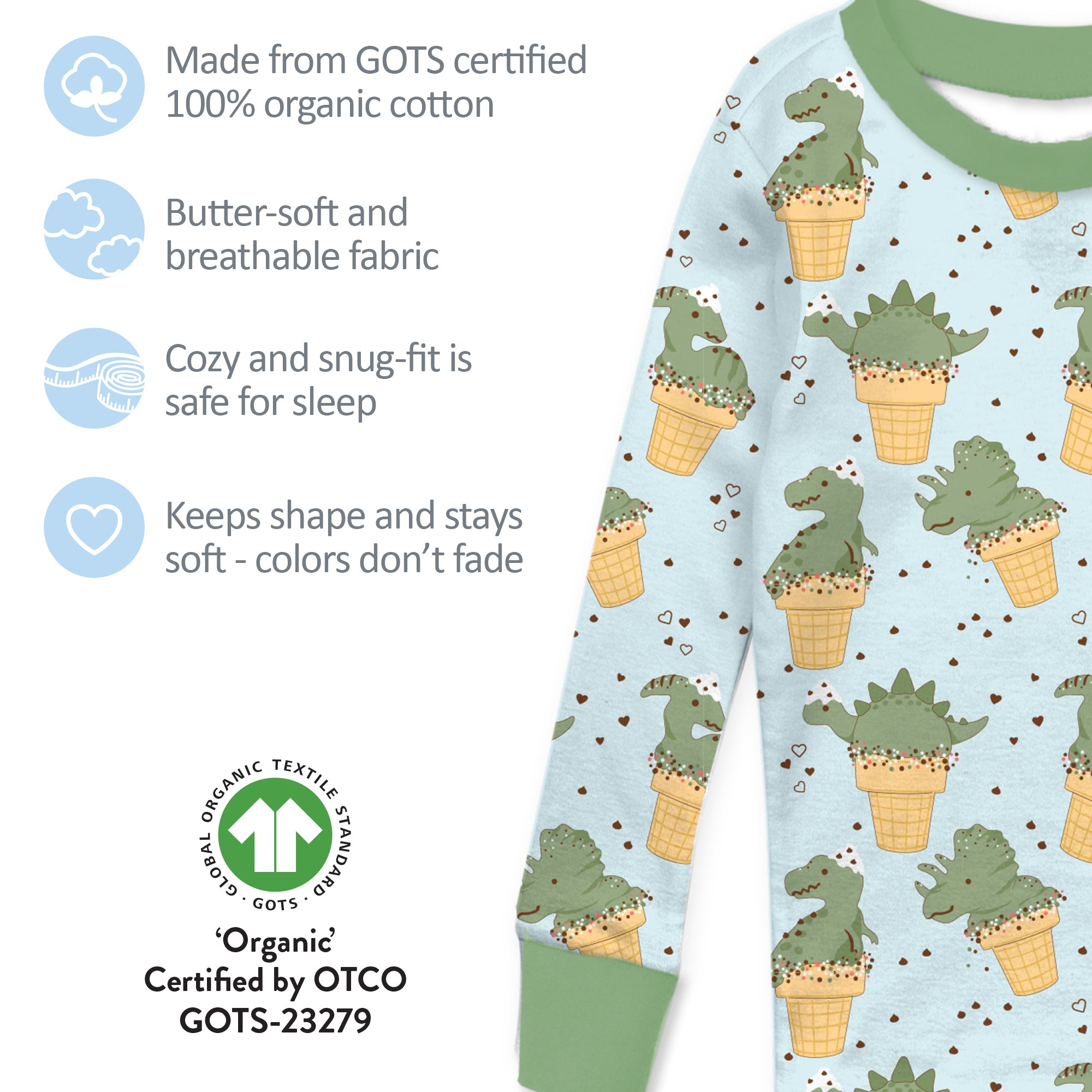 Children's pajama set with dinosaur pattern on a light blue background, featuring GOTS certification details.