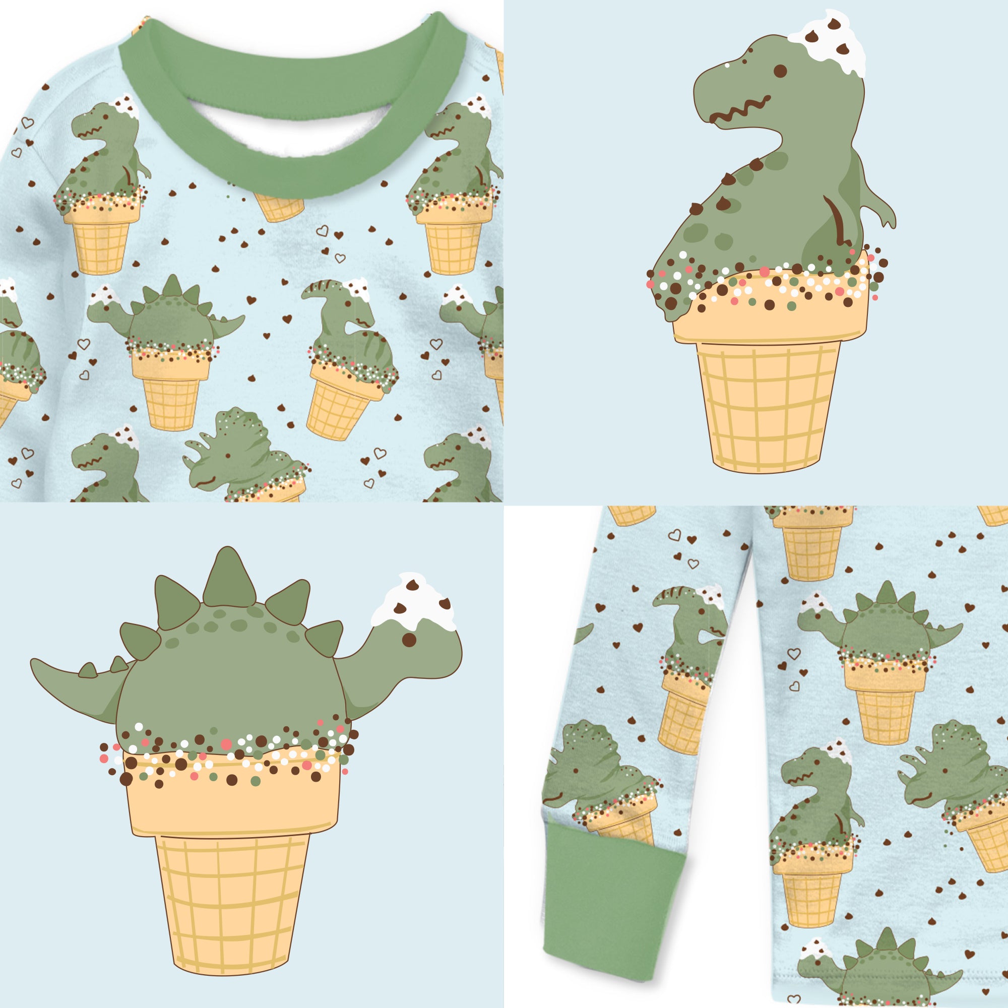 Children's pajama set with dinosaur ice cream cone pattern on a light blue background