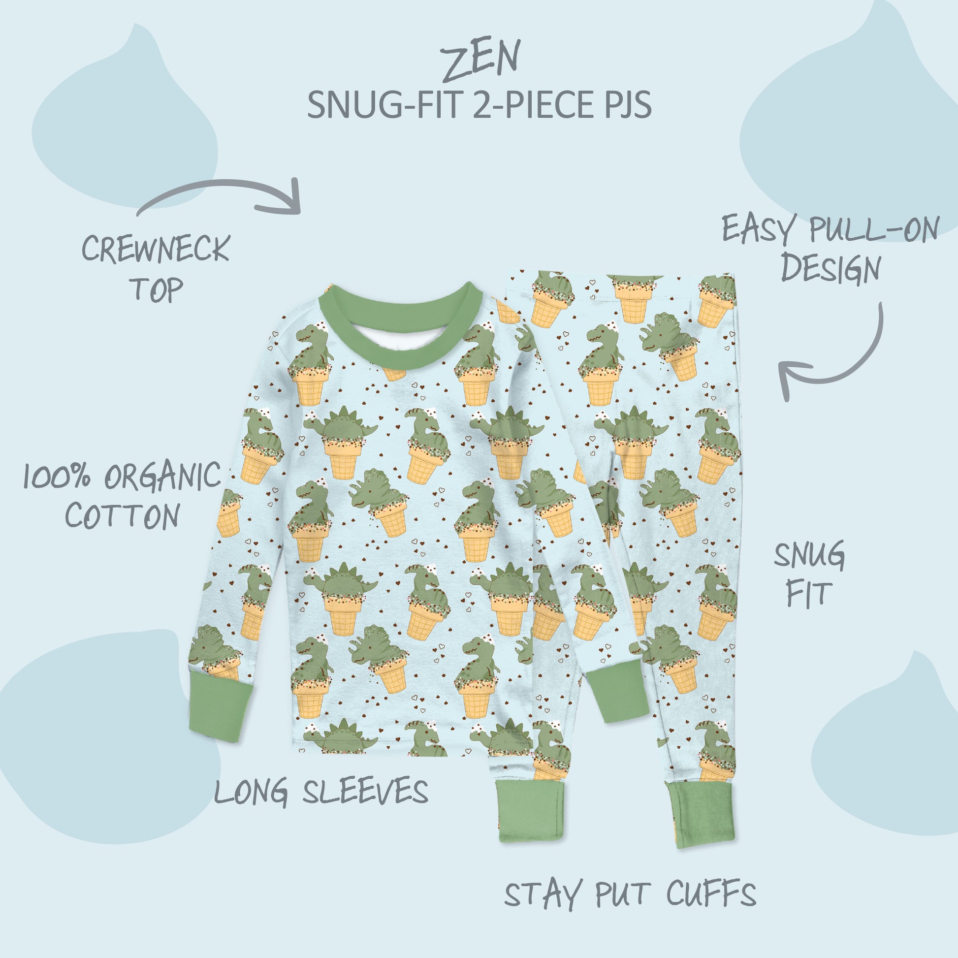 Children's pajama set with cactus pattern on a light blue background, featuring text describing features.