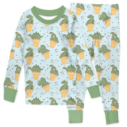 Children's pajama set with dinosaur pattern on a light blue background