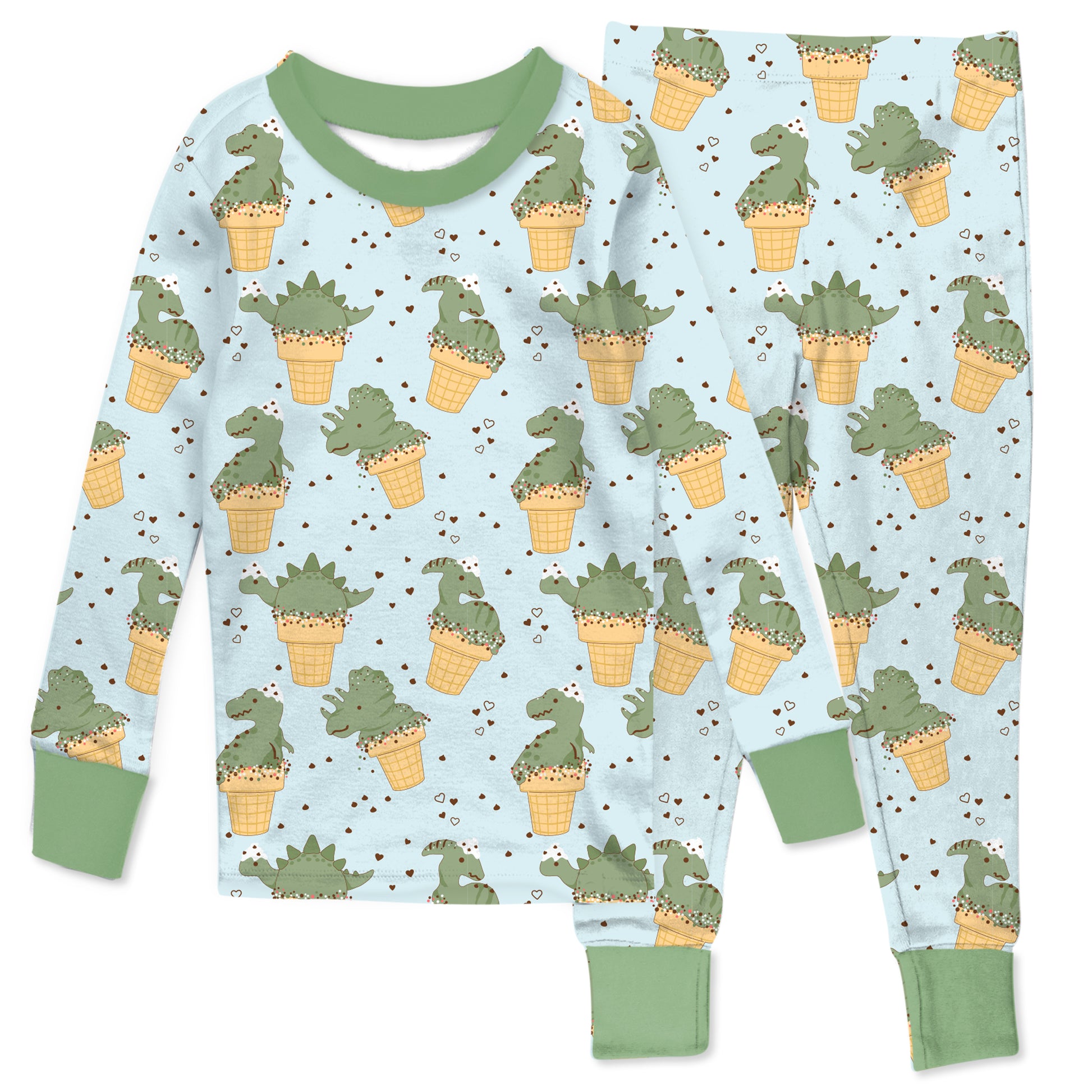 Children's pajama set with dinosaur pattern on a light blue background