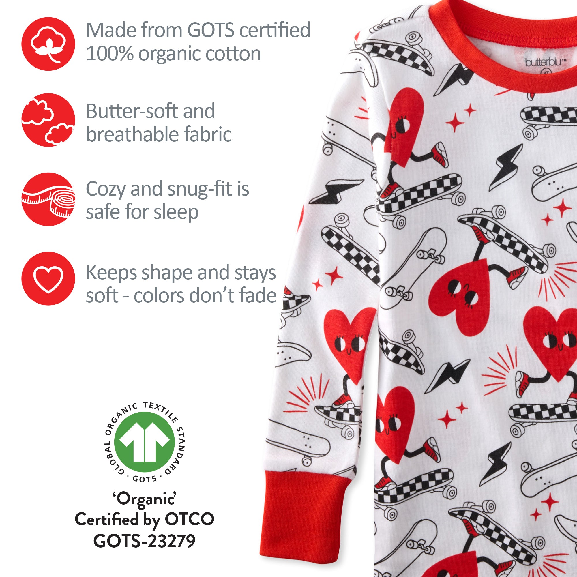 Children's pajama set with heart and skateboard pattern on a white background, featuring GOTS certification.
