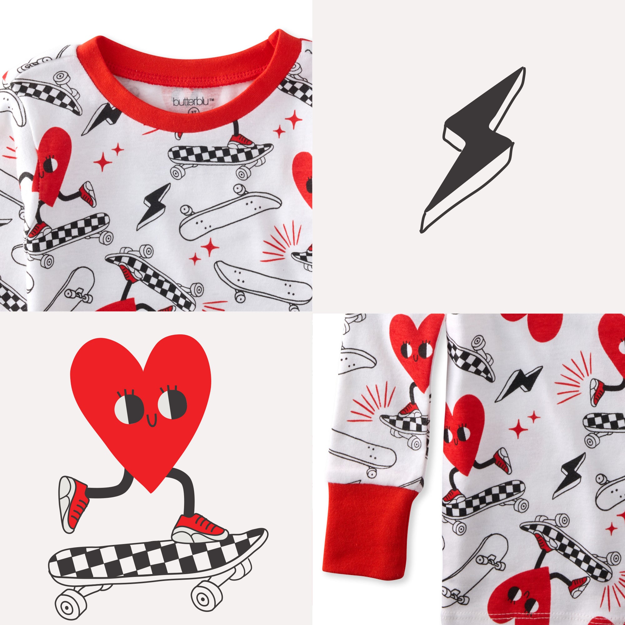 Children's pajama set with heart and skateboard design on a white background