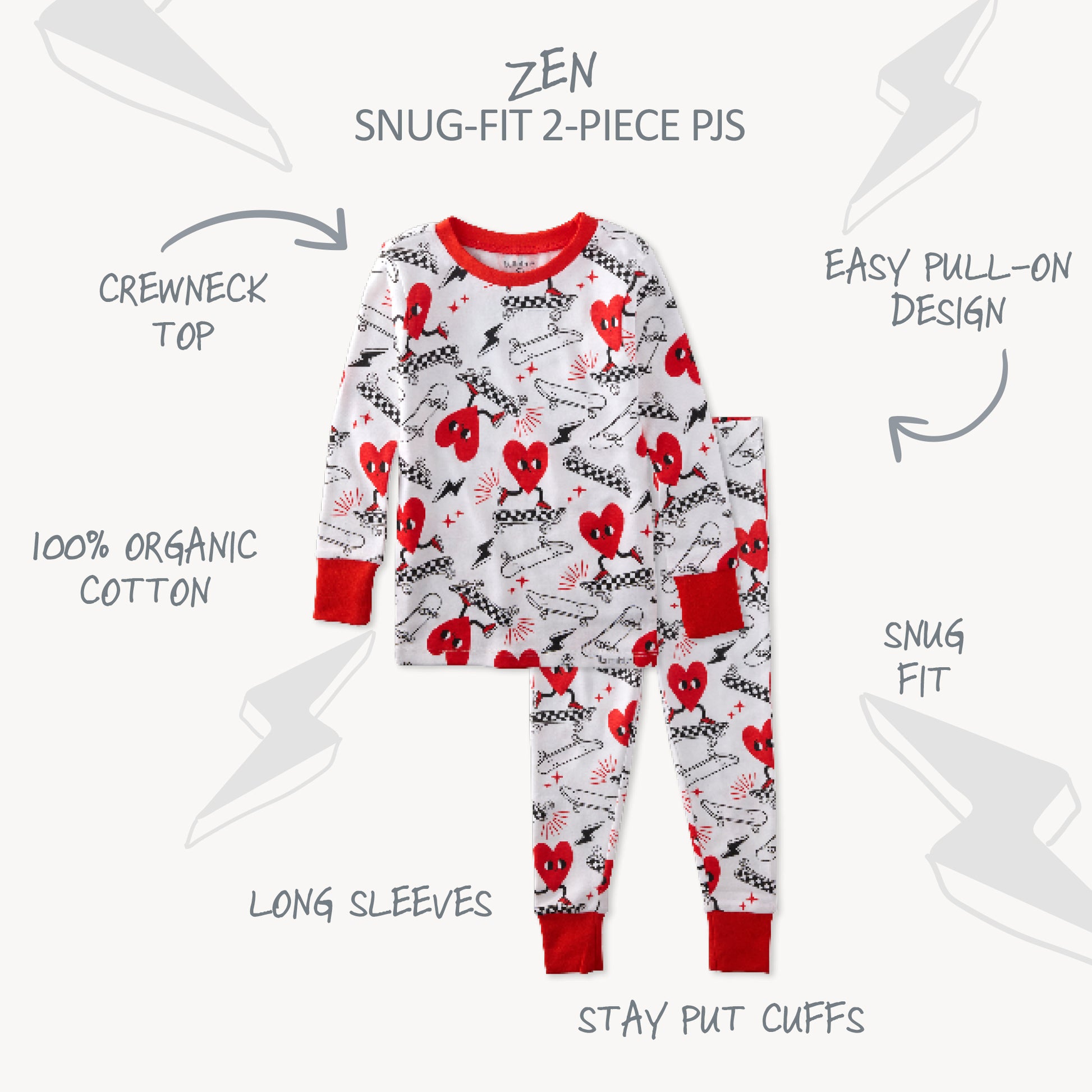 Children's pajama set with red hearts and text describing features on a white background