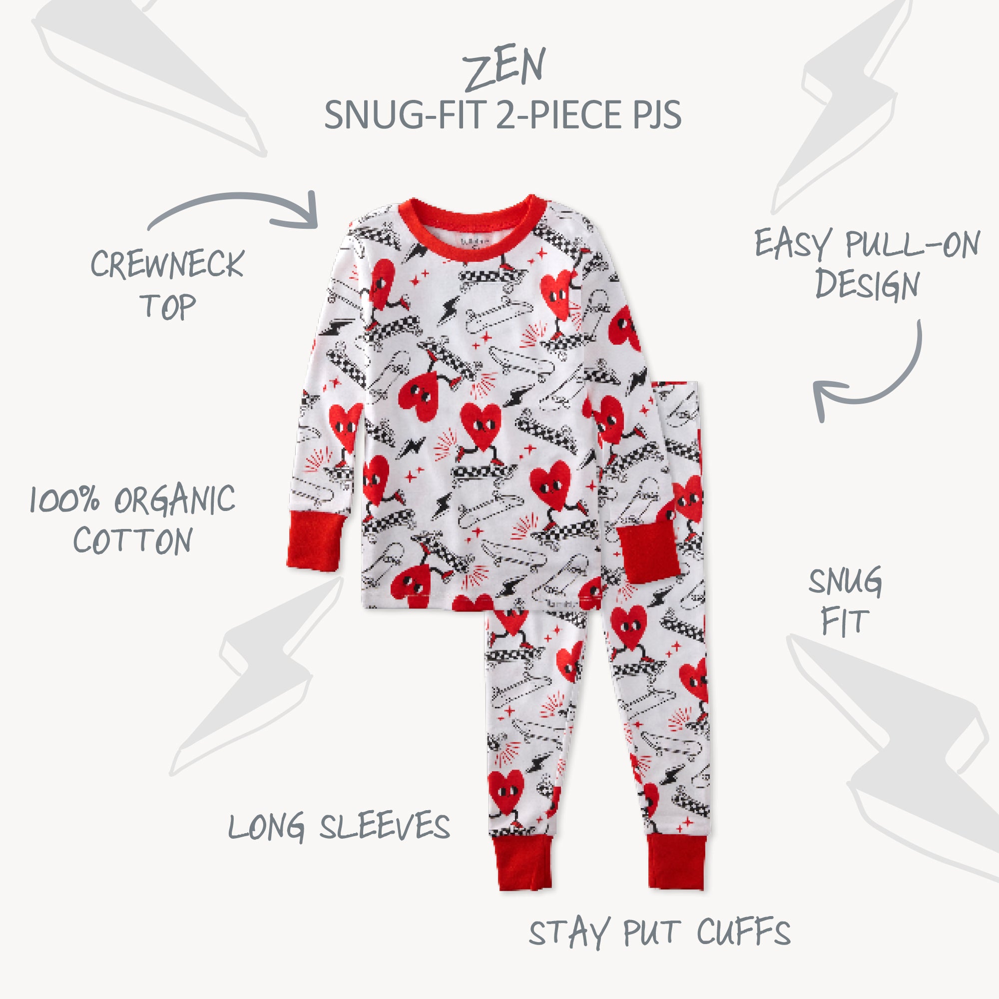 Children's pajama set with red hearts and text describing features on a white background