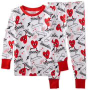 Children's pajama set with heart and skateboard pattern on a white background