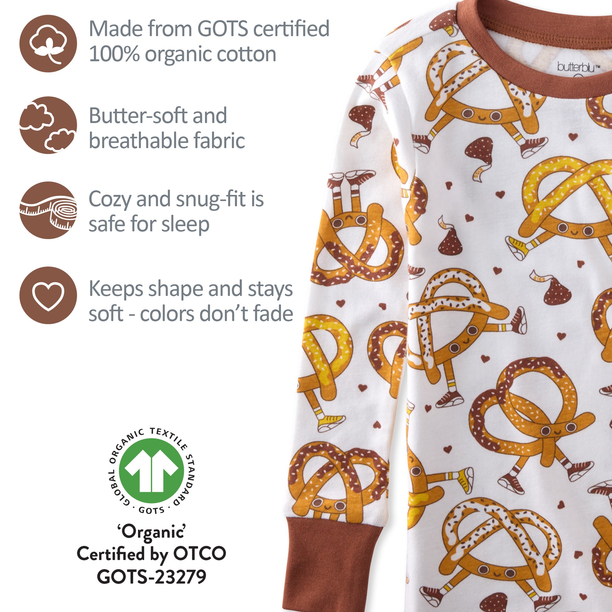 Children's pajama set with pretzel pattern on a white background, featuring GOTS certification details.