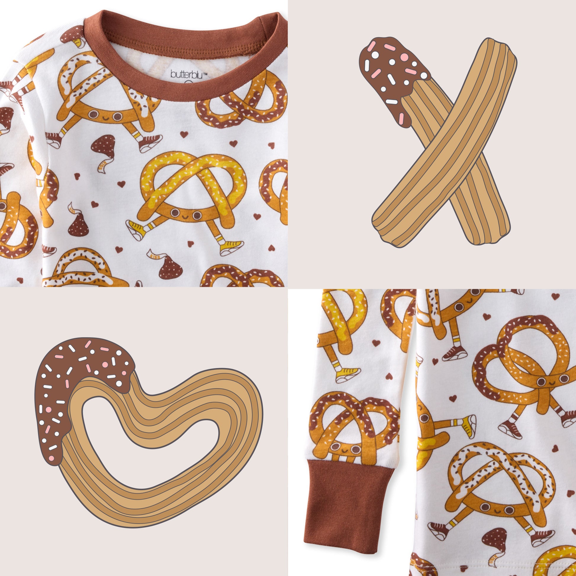 Children's pajama set with pretzel pattern on a light pink background