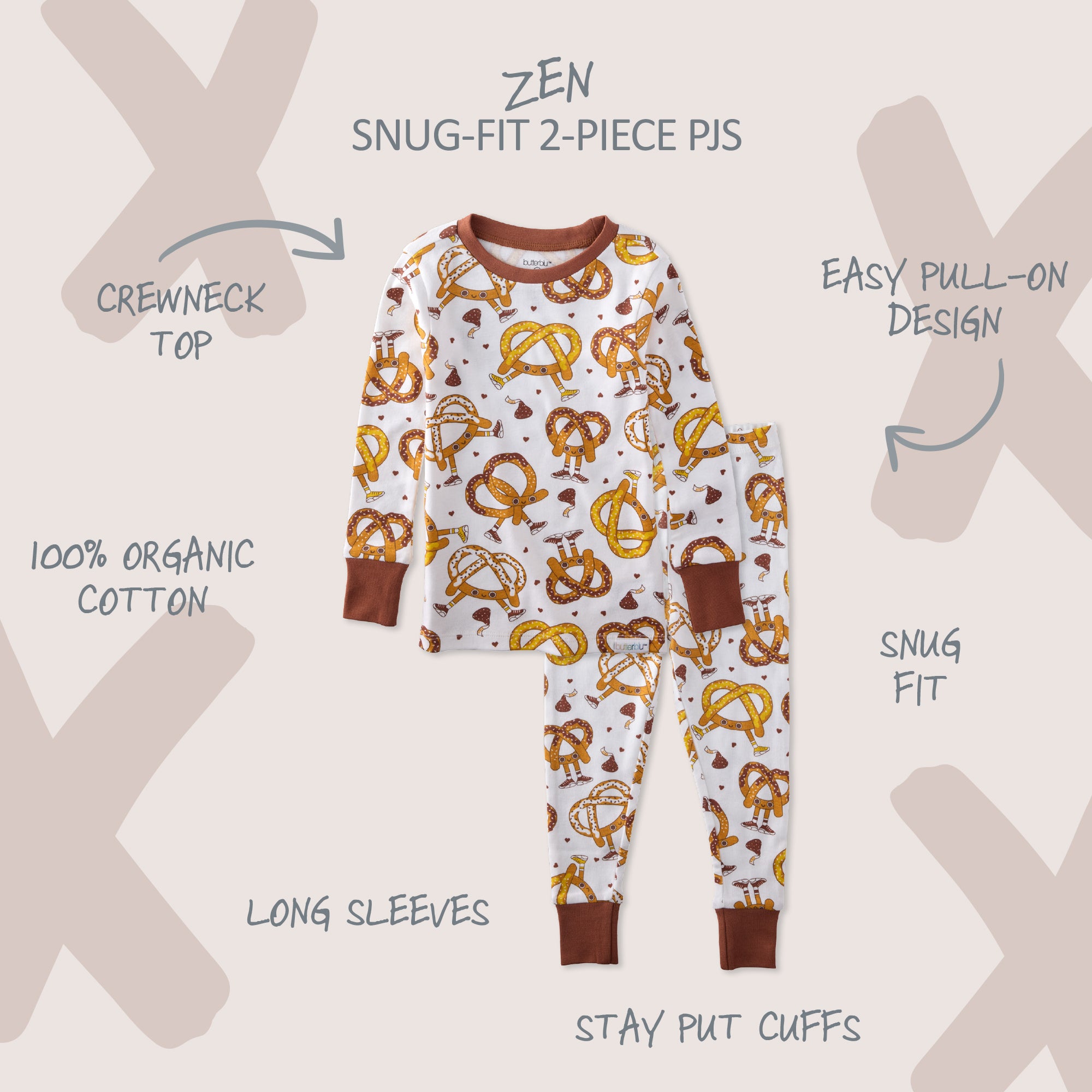 Children's pajama set with pretzel pattern on a light gray background