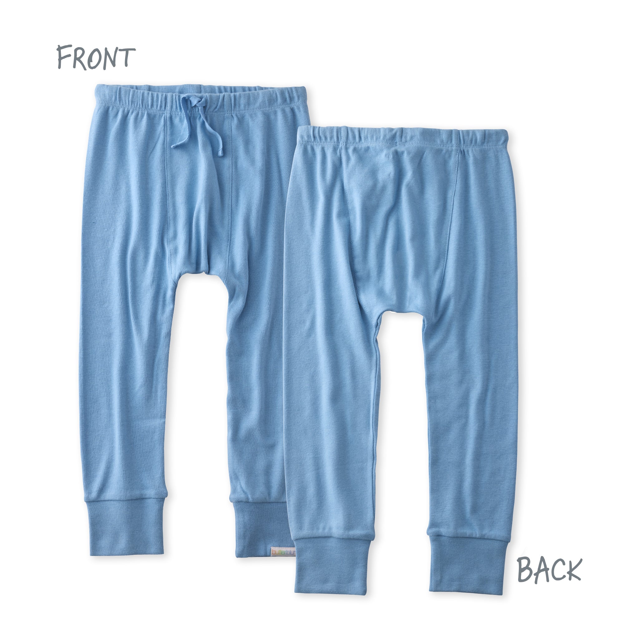 Light blue baby pants shown from front and back on a white background