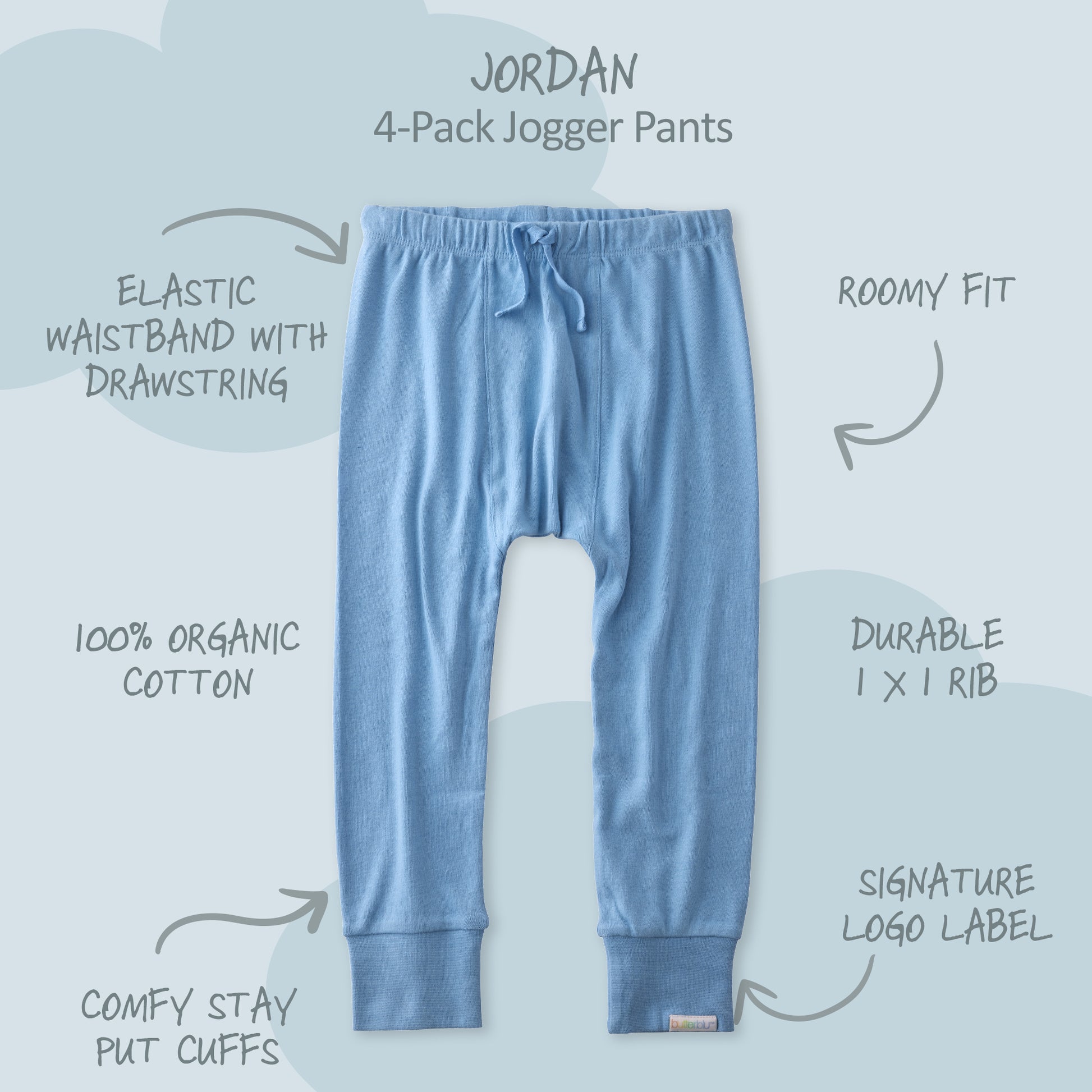 Blue jogger pants with features listed on a light blue background