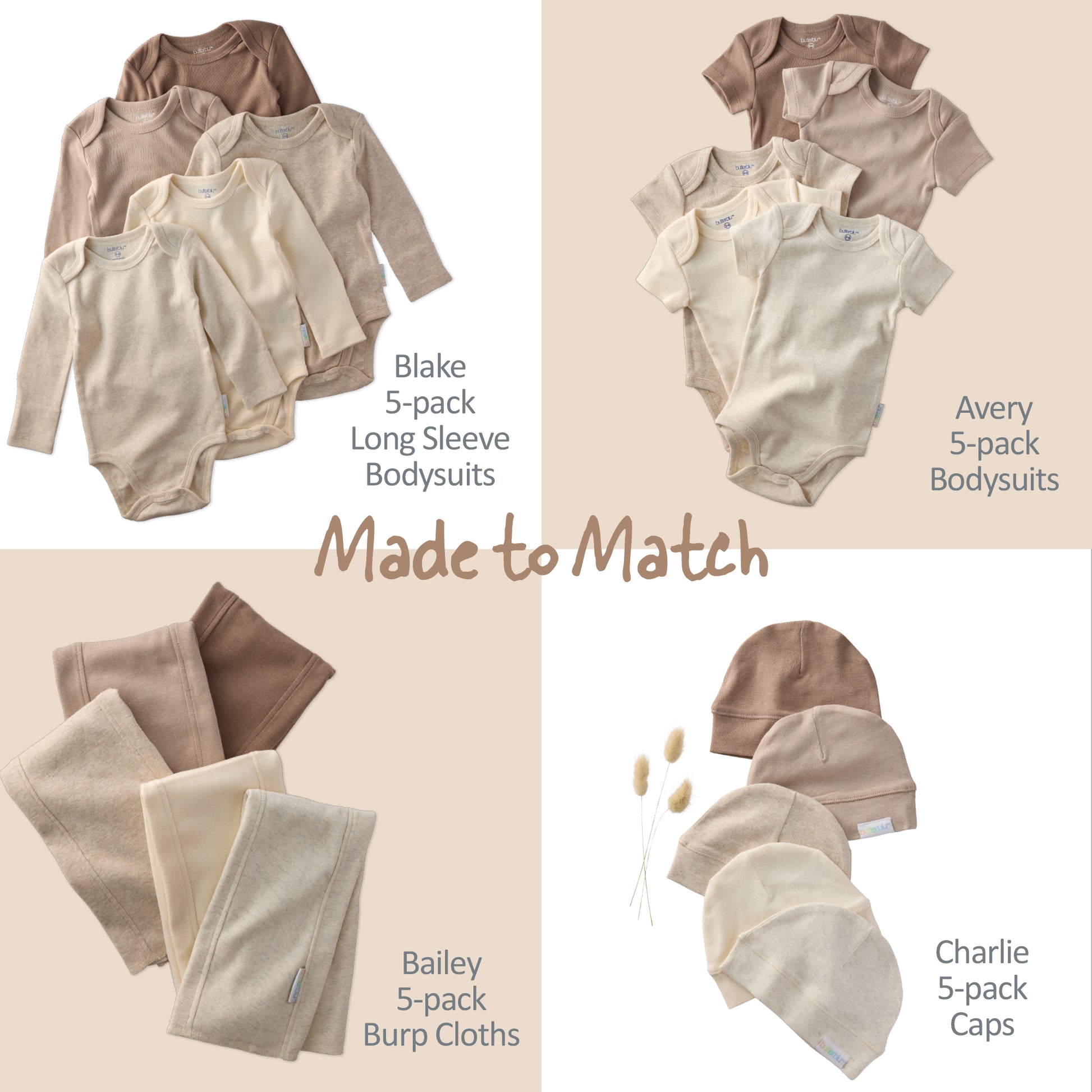 Collection of baby clothing sets including bodysuits, burp cloths, and caps with matching theme.